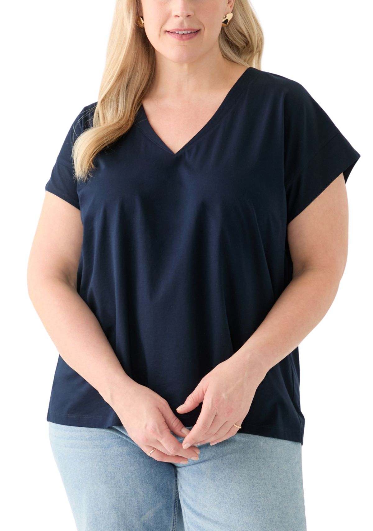 Plus Size Extended Shoulder V-Neck T-Shirt =