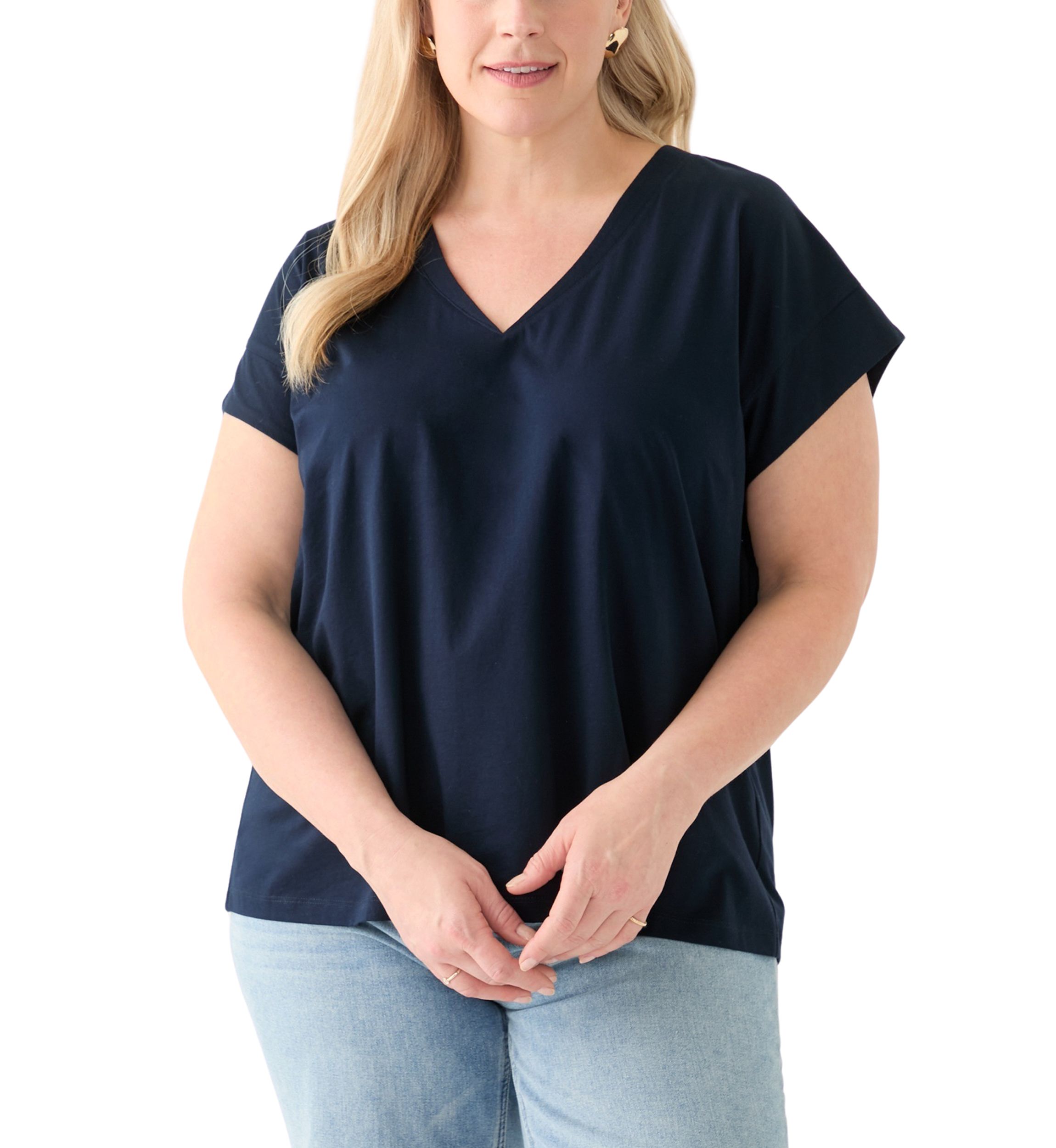 Plus Size Extended Shoulder V-Neck T-Shirt =