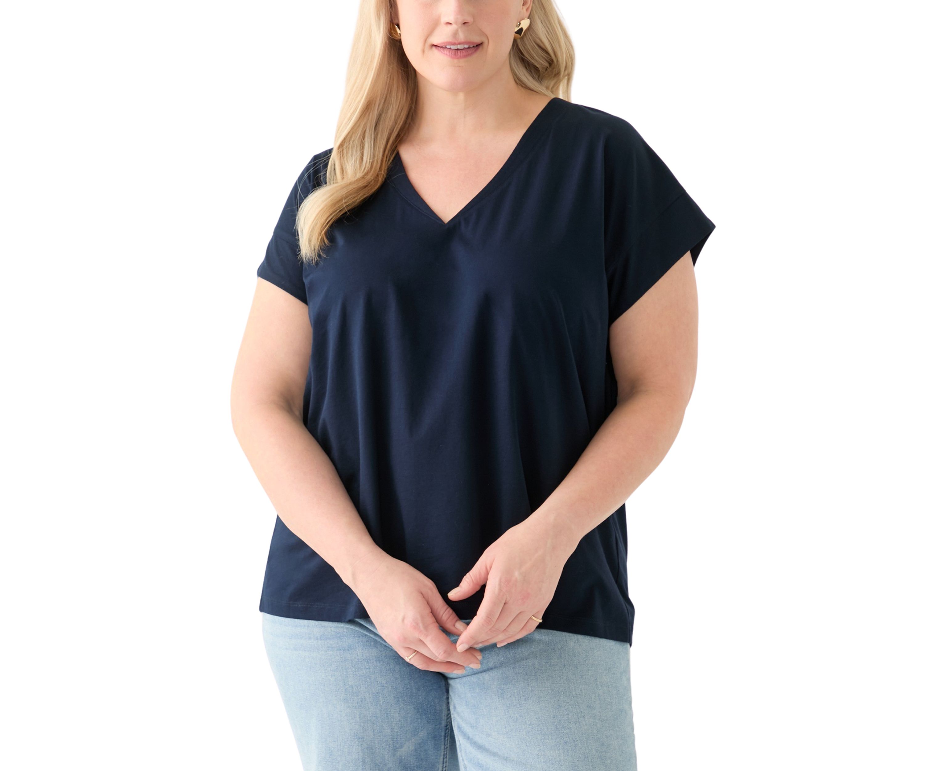 Plus Size Extended Shoulder V-Neck T-Shirt =