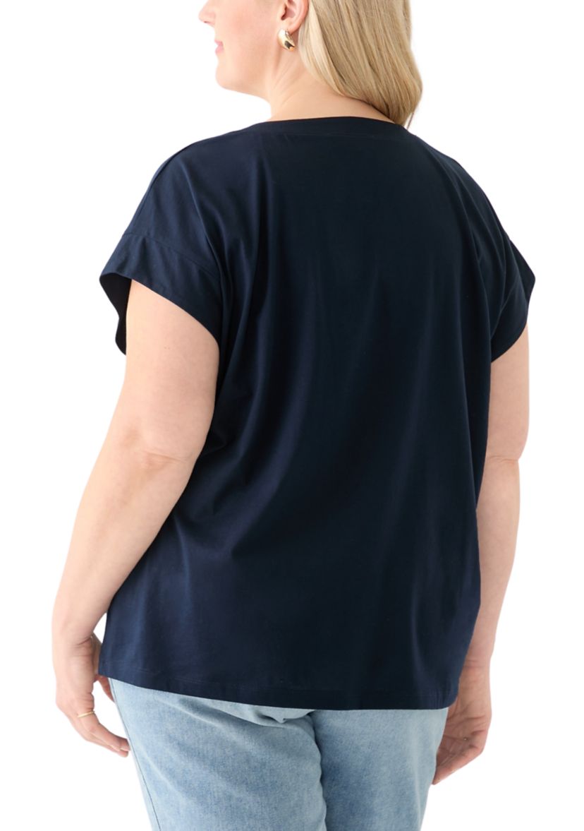 Plus Size Extended Shoulder V-Neck T-Shirt =
