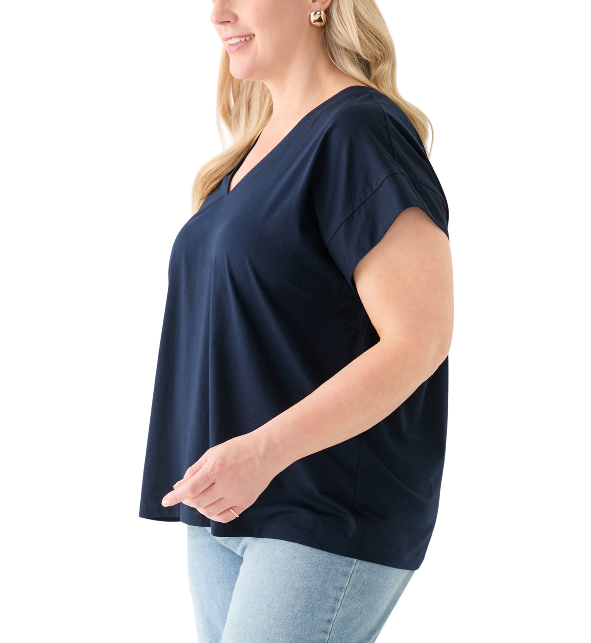Plus Size Extended Shoulder V-Neck T-Shirt =
