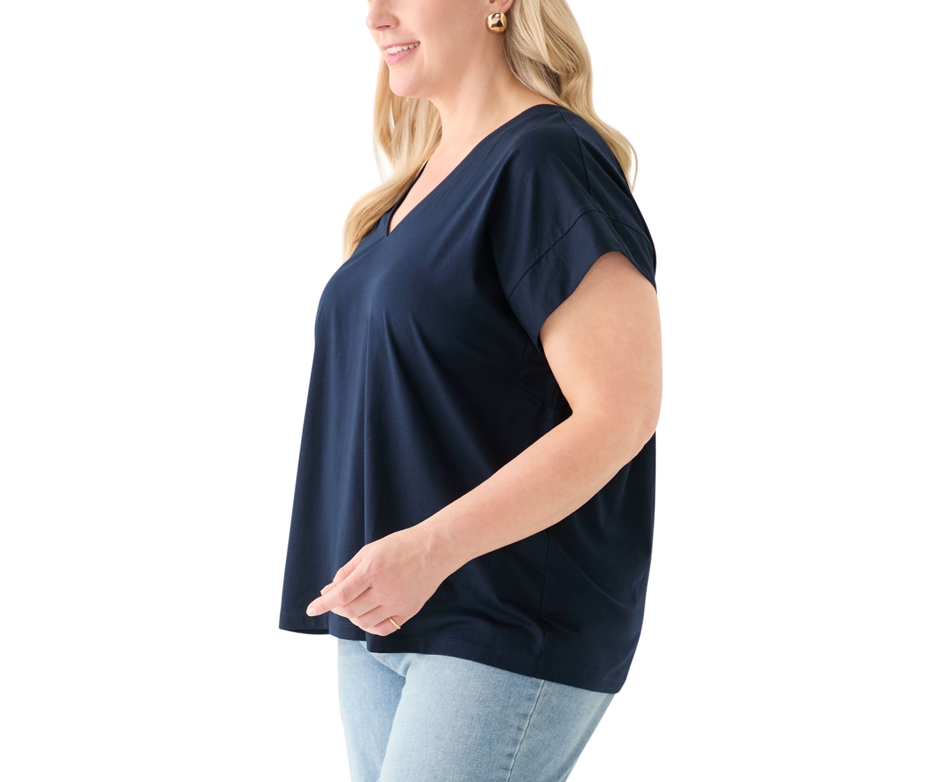 Plus Size Extended Shoulder V-Neck T-Shirt =
