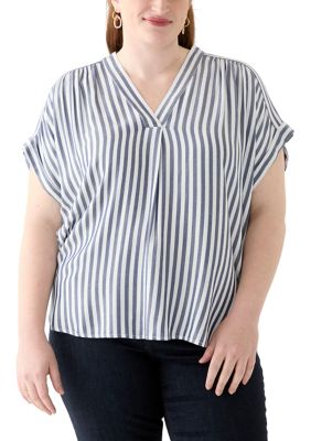 PHILOSOPHY BY REPUBLIC Women's Plus Size Short Sleeve V-Neck Yarn Dyed Woven Blouse