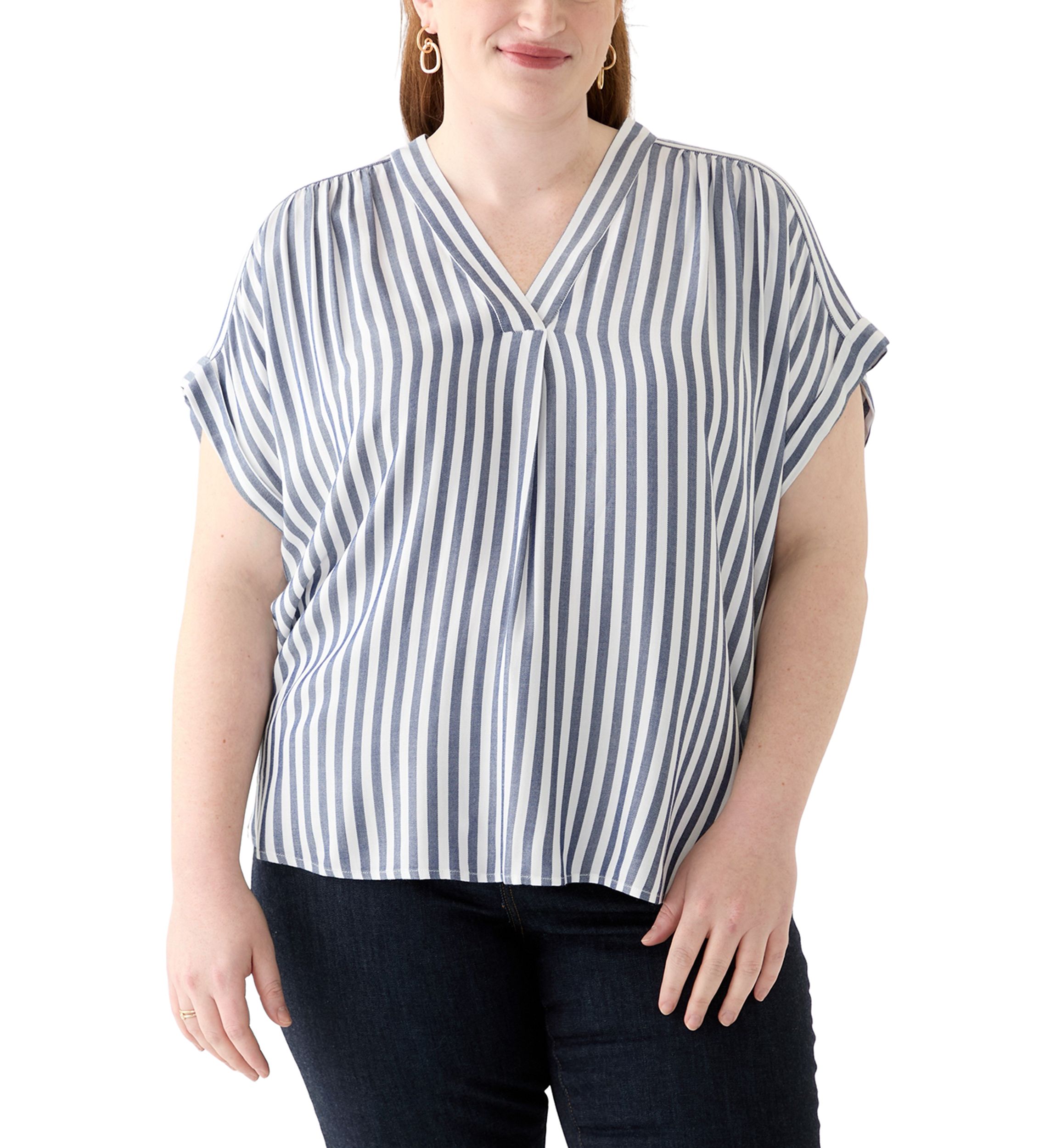 Plus Size Short Sleeve V-Neck Yarn Dyed Woven Blouse