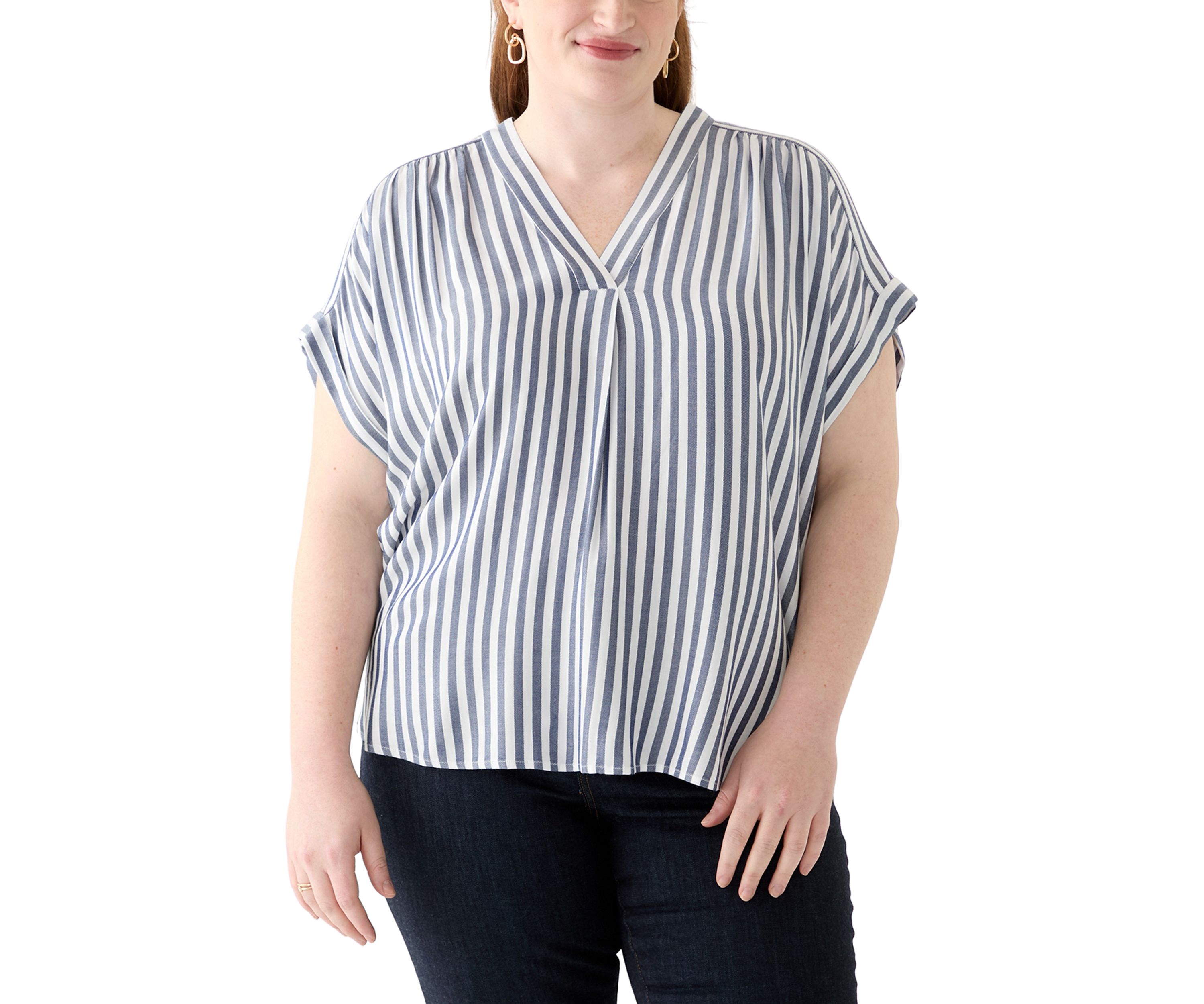 Plus Size Short Sleeve V-Neck Yarn Dyed Woven Blouse