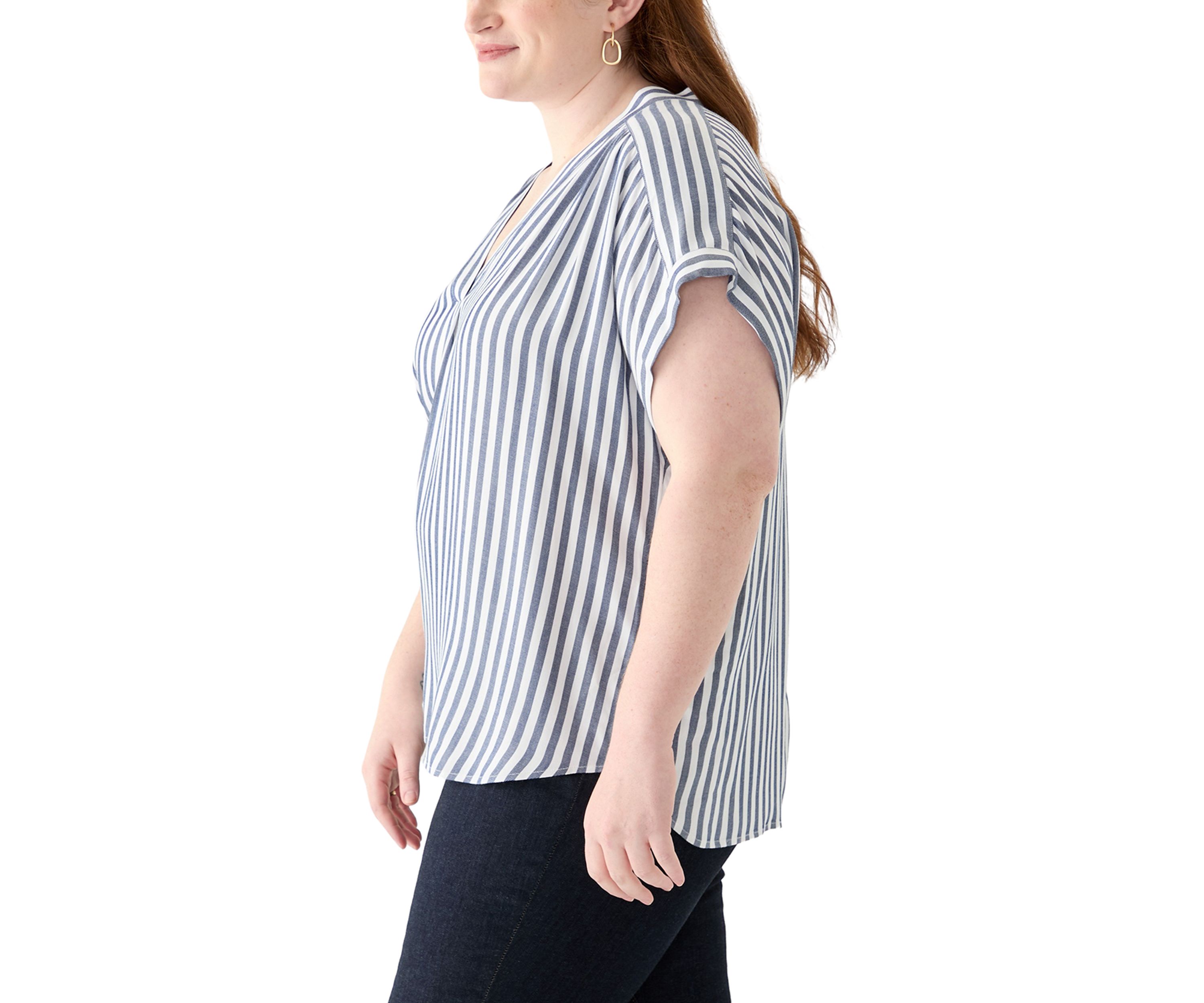 Plus Size Short Sleeve V-Neck Yarn Dyed Woven Blouse