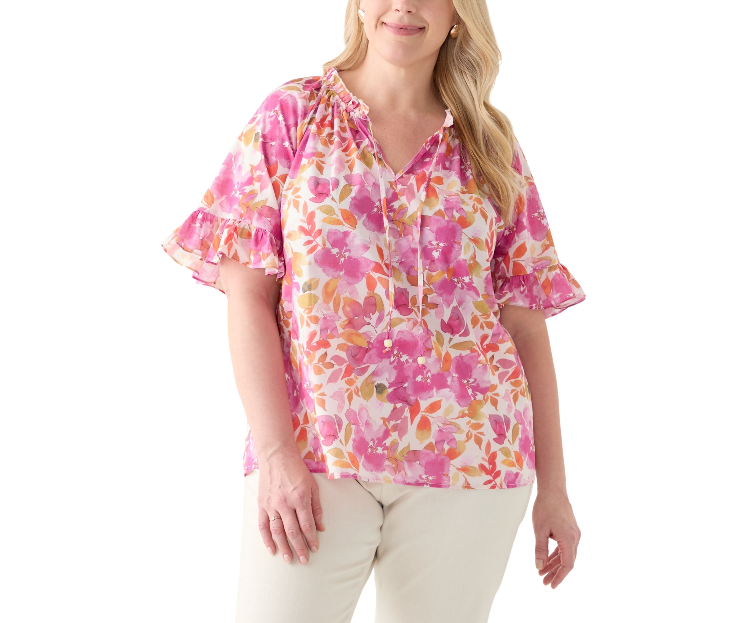 Plus Size Short Sleeve Raglan Peasant Woven Blouse 