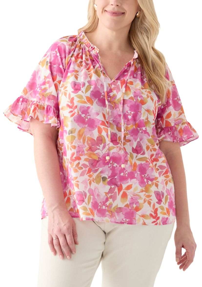 Plus Size Short Sleeve Raglan Peasant Woven Blouse 