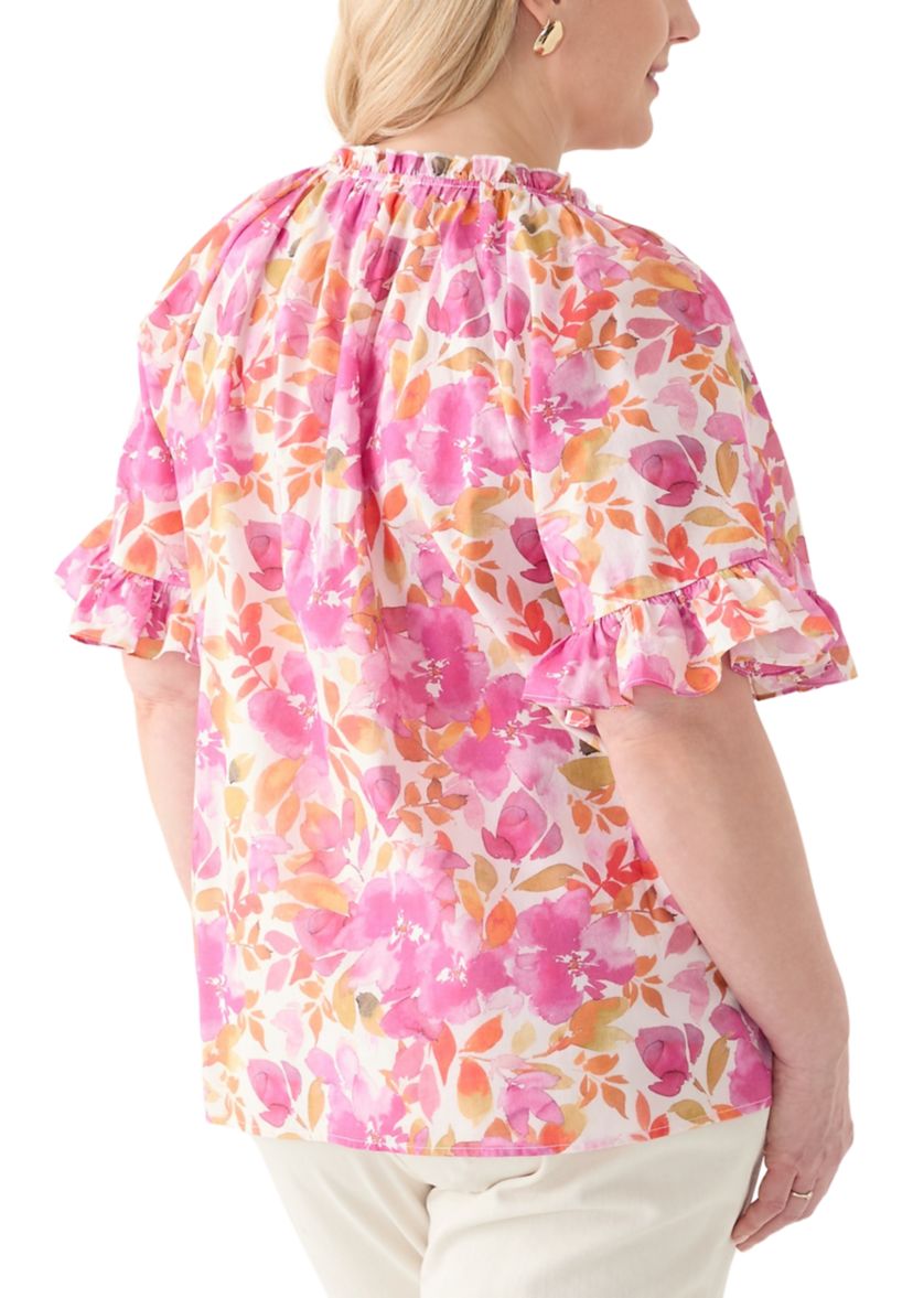 Plus Size Short Sleeve Raglan Peasant Woven Blouse 