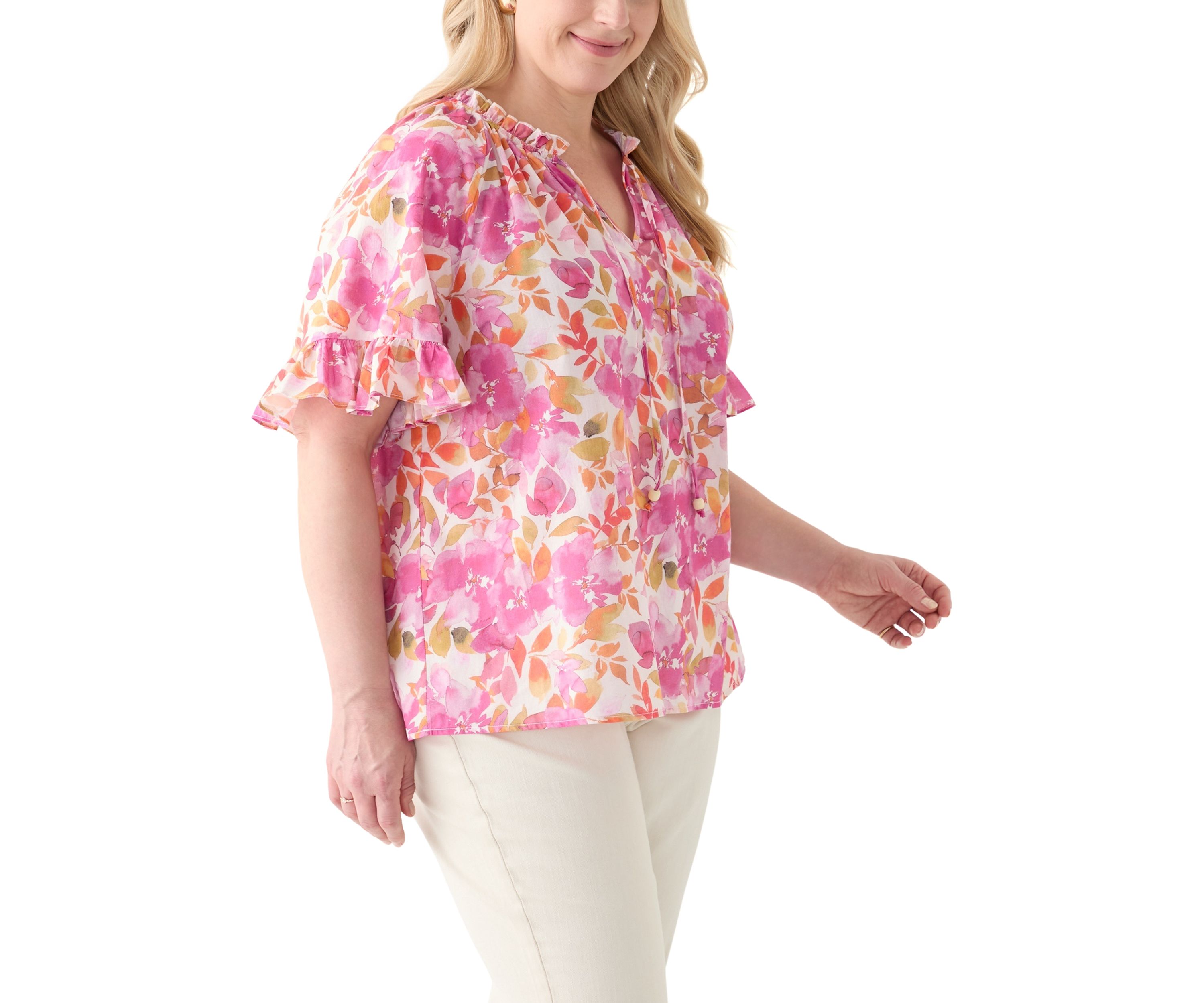 Plus Size Short Sleeve Raglan Peasant Woven Blouse 