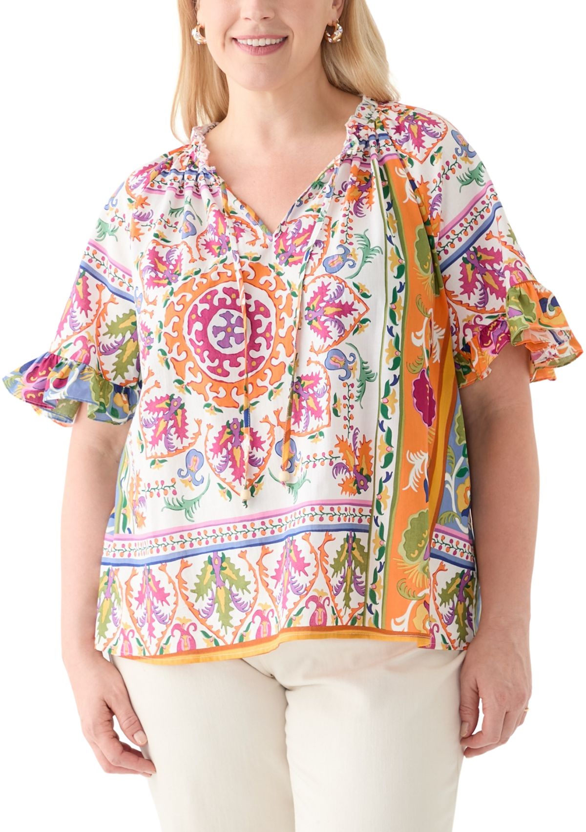 Plus Size Short Sleeve Raglan Peasant Woven Blouse 