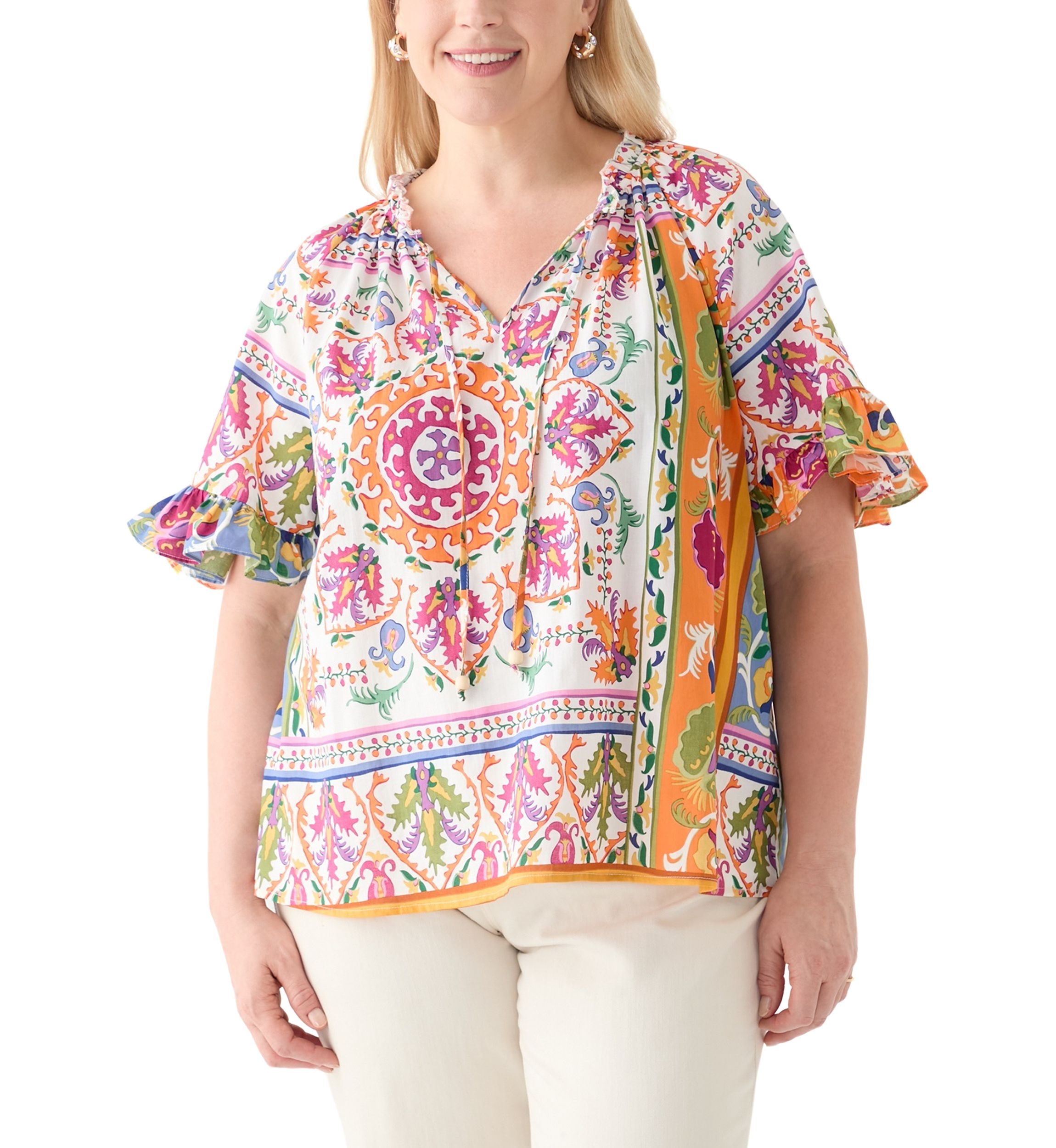 Plus Size Short Sleeve Raglan Peasant Woven Blouse 