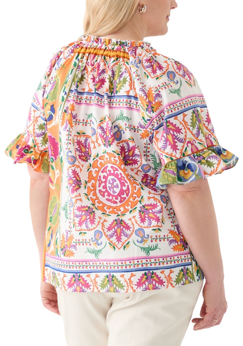 Plus Size Short Sleeve Raglan Peasant Woven Blouse 