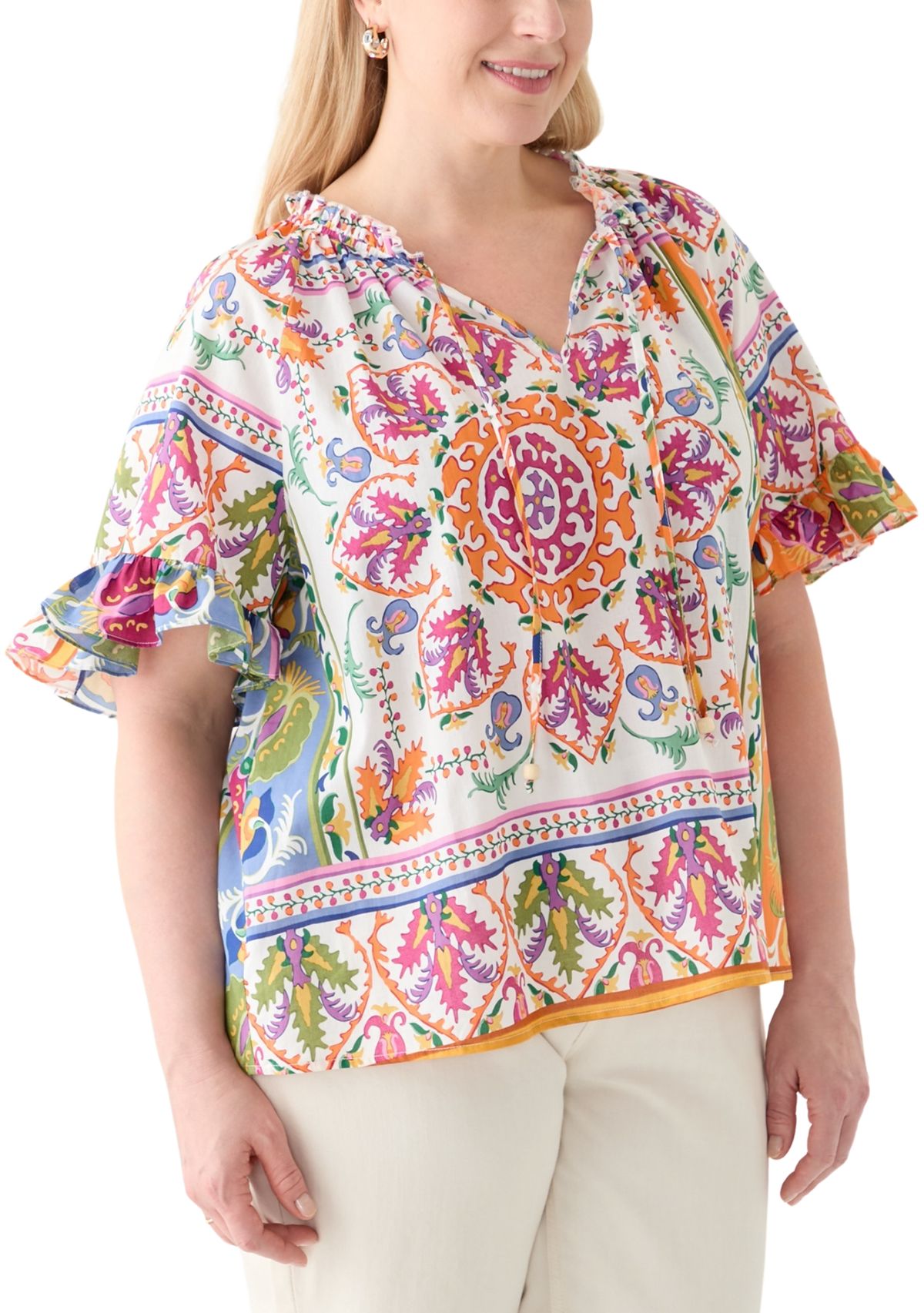 Plus Size Short Sleeve Raglan Peasant Woven Blouse 