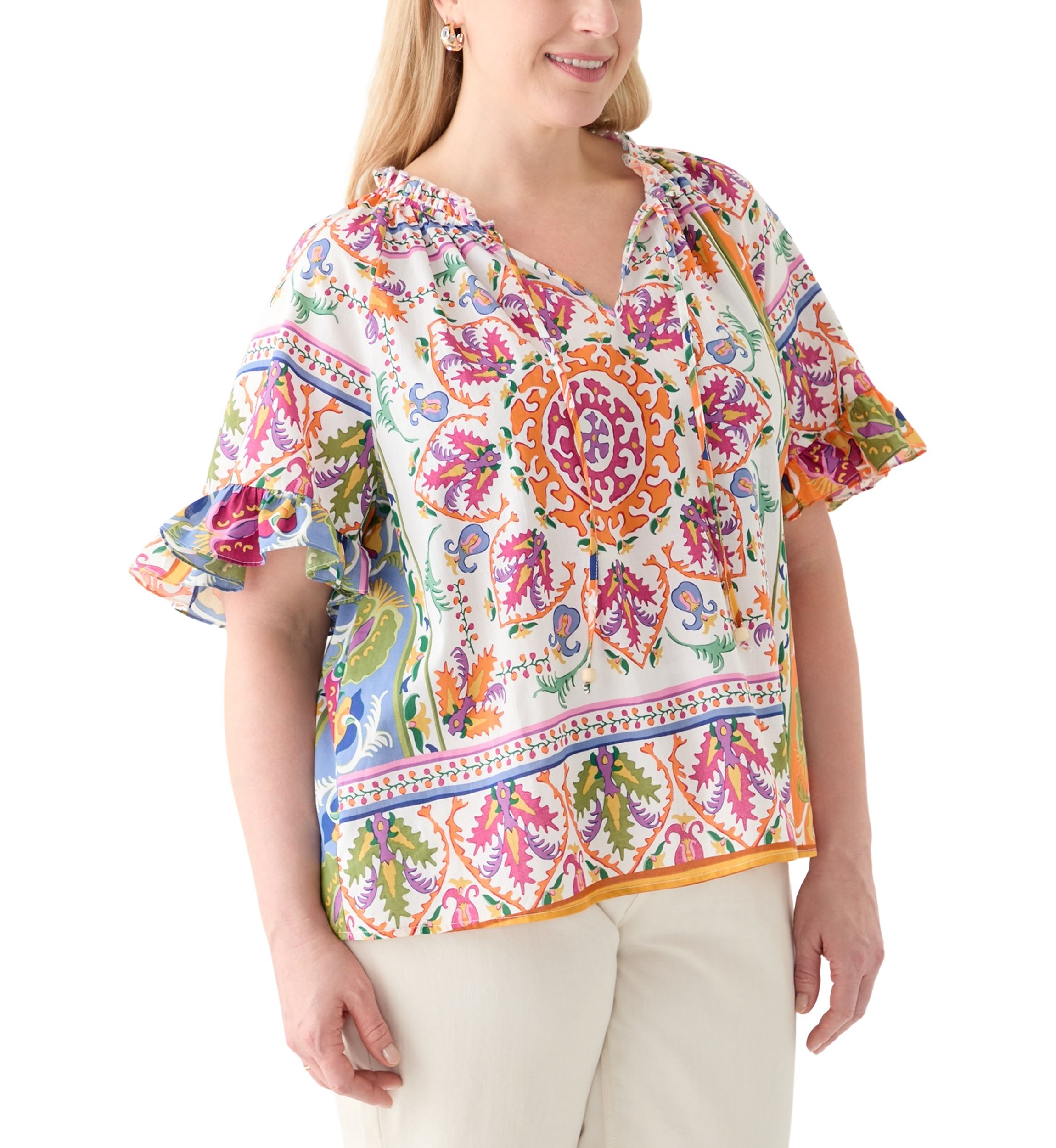 Plus Size Short Sleeve Raglan Peasant Woven Blouse 