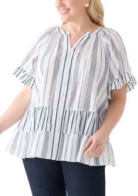 PHILOSOPHY BY REPUBLIC Women's Plus Size Short Sleeve Embroidered Mixed Stripe Woven Blouse, 3X