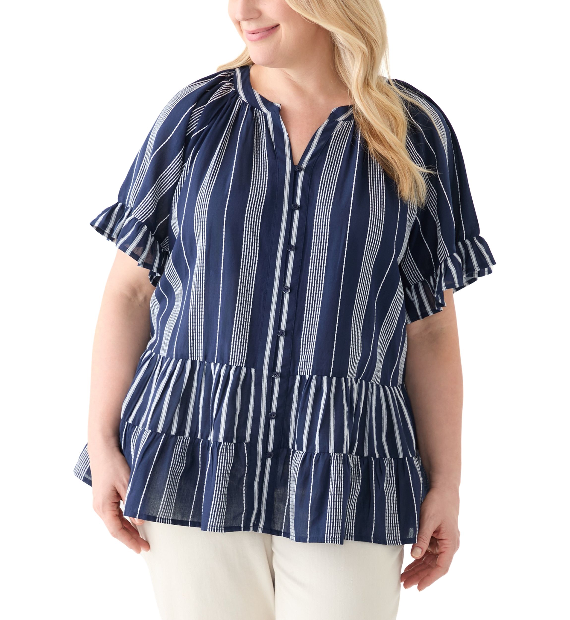 Plus Size Short Sleeve Embroidered Mixed Stripe Woven Blouse