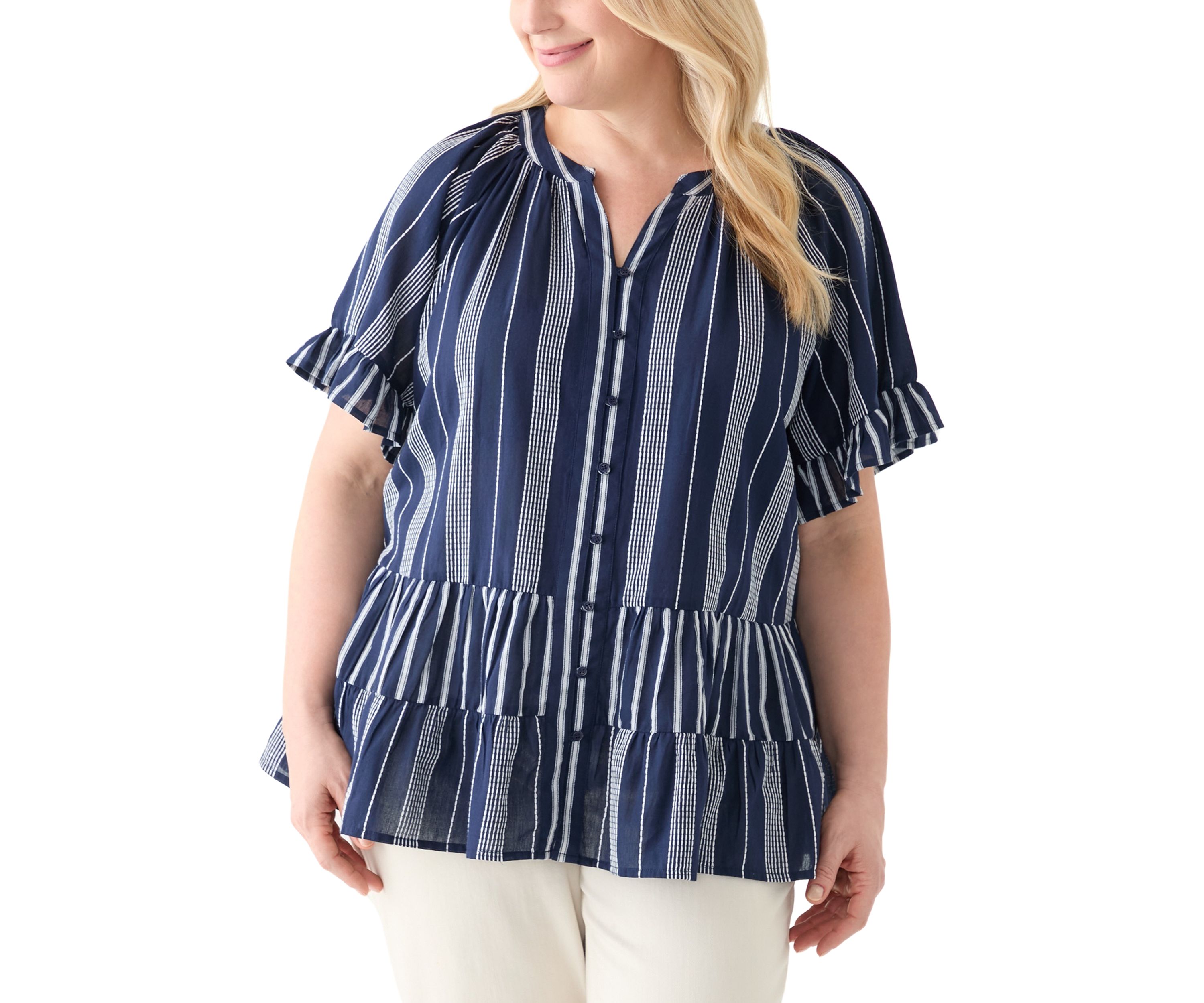 Plus Size Short Sleeve Embroidered Mixed Stripe Woven Blouse