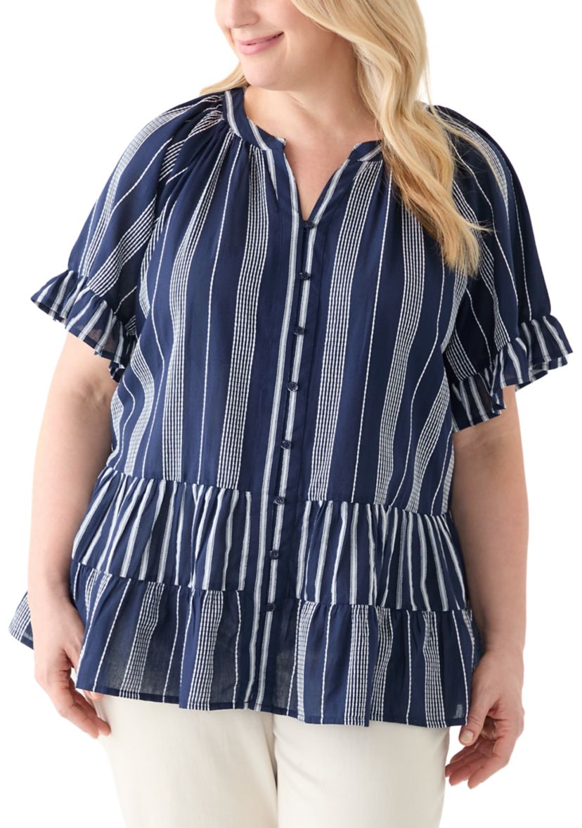 Plus Size Short Sleeve Embroidered Mixed Stripe Woven Blouse