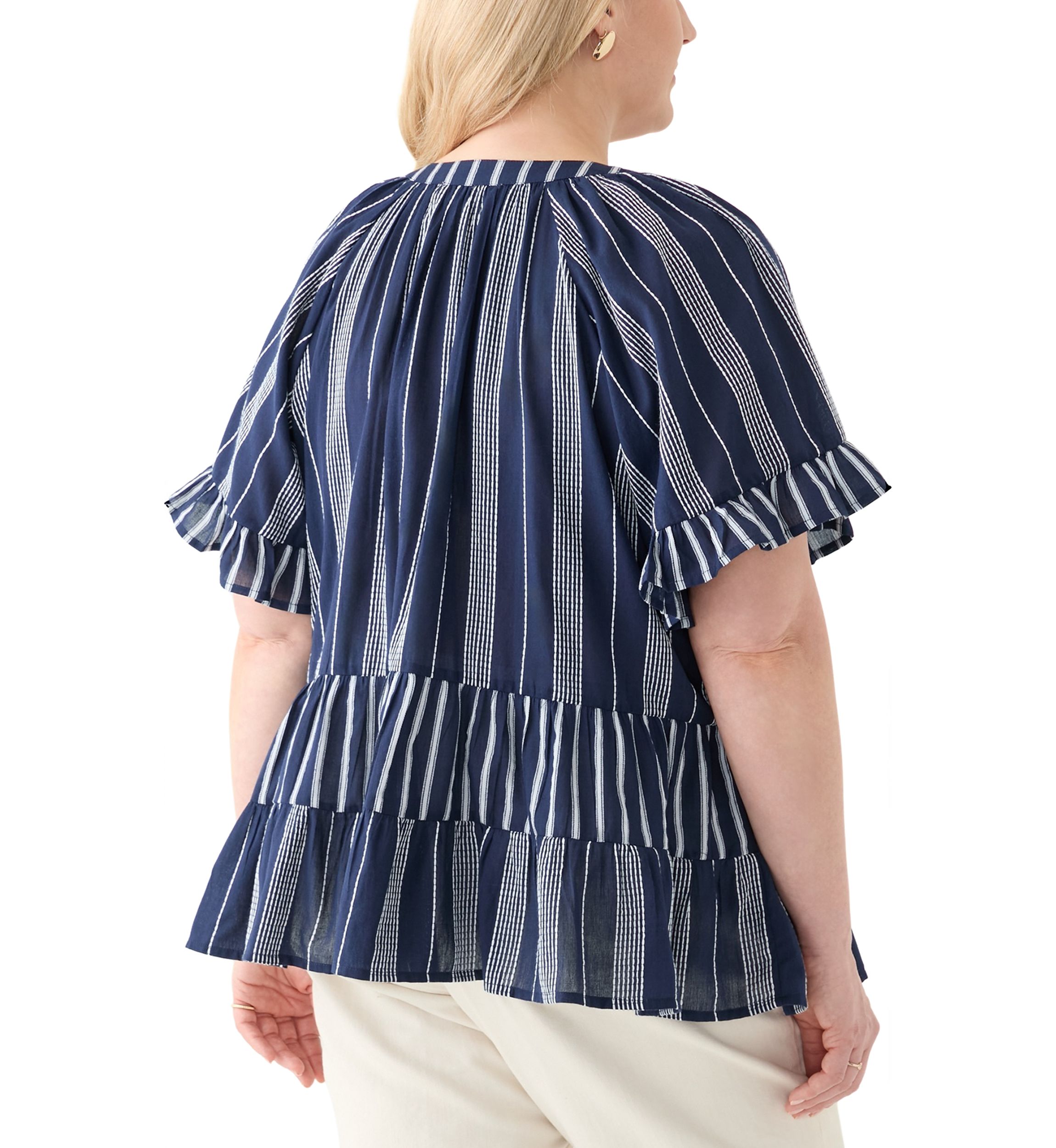 Plus Size Short Sleeve Embroidered Mixed Stripe Woven Blouse