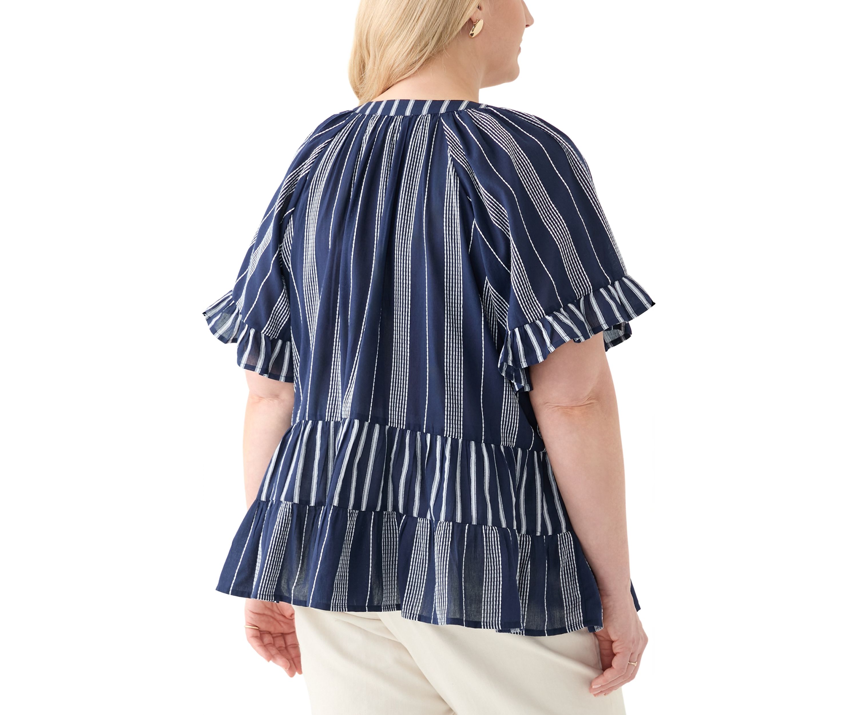 Plus Size Short Sleeve Embroidered Mixed Stripe Woven Blouse
