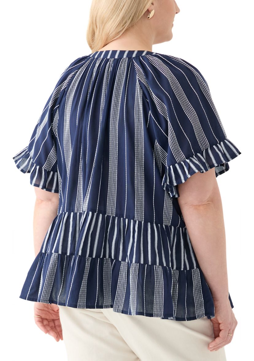 Plus Size Short Sleeve Embroidered Mixed Stripe Woven Blouse