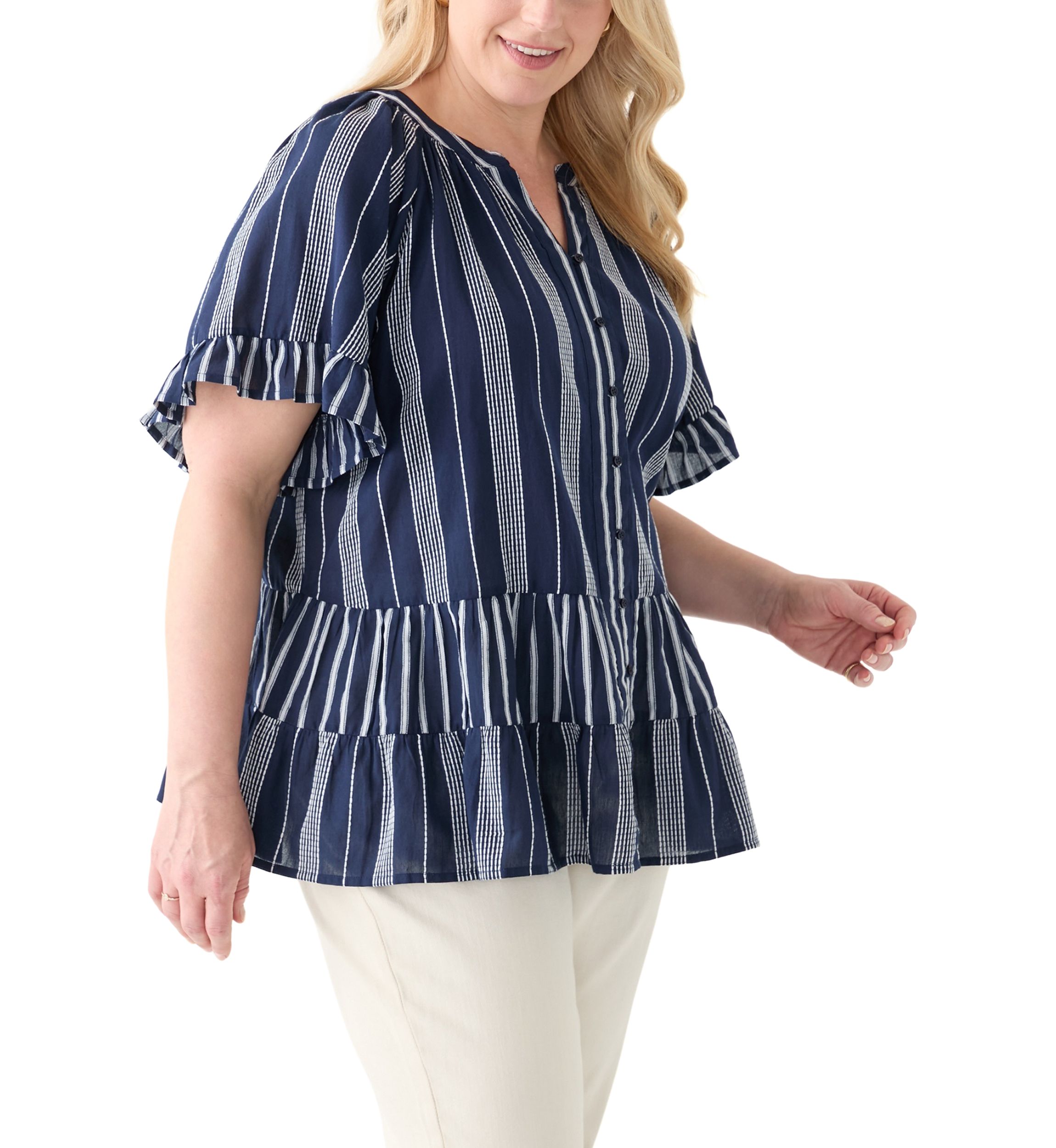 Plus Size Short Sleeve Embroidered Mixed Stripe Woven Blouse