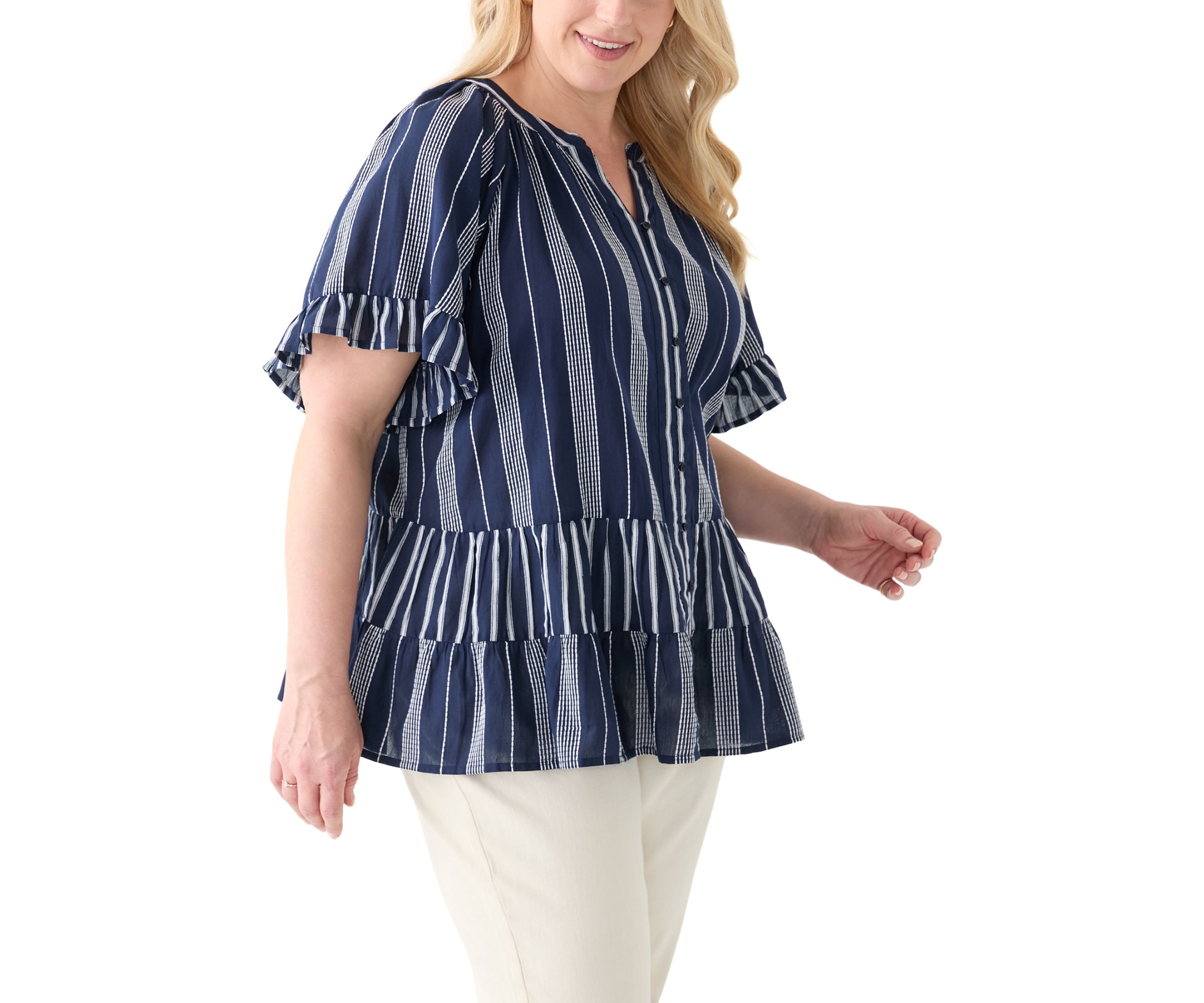 Plus Size Short Sleeve Embroidered Mixed Stripe Woven Blouse