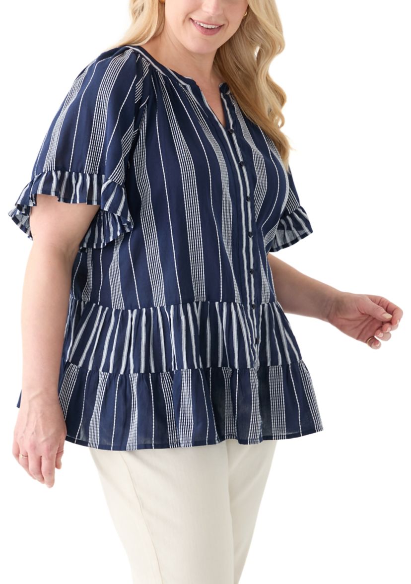 Plus Size Short Sleeve Embroidered Mixed Stripe Woven Blouse