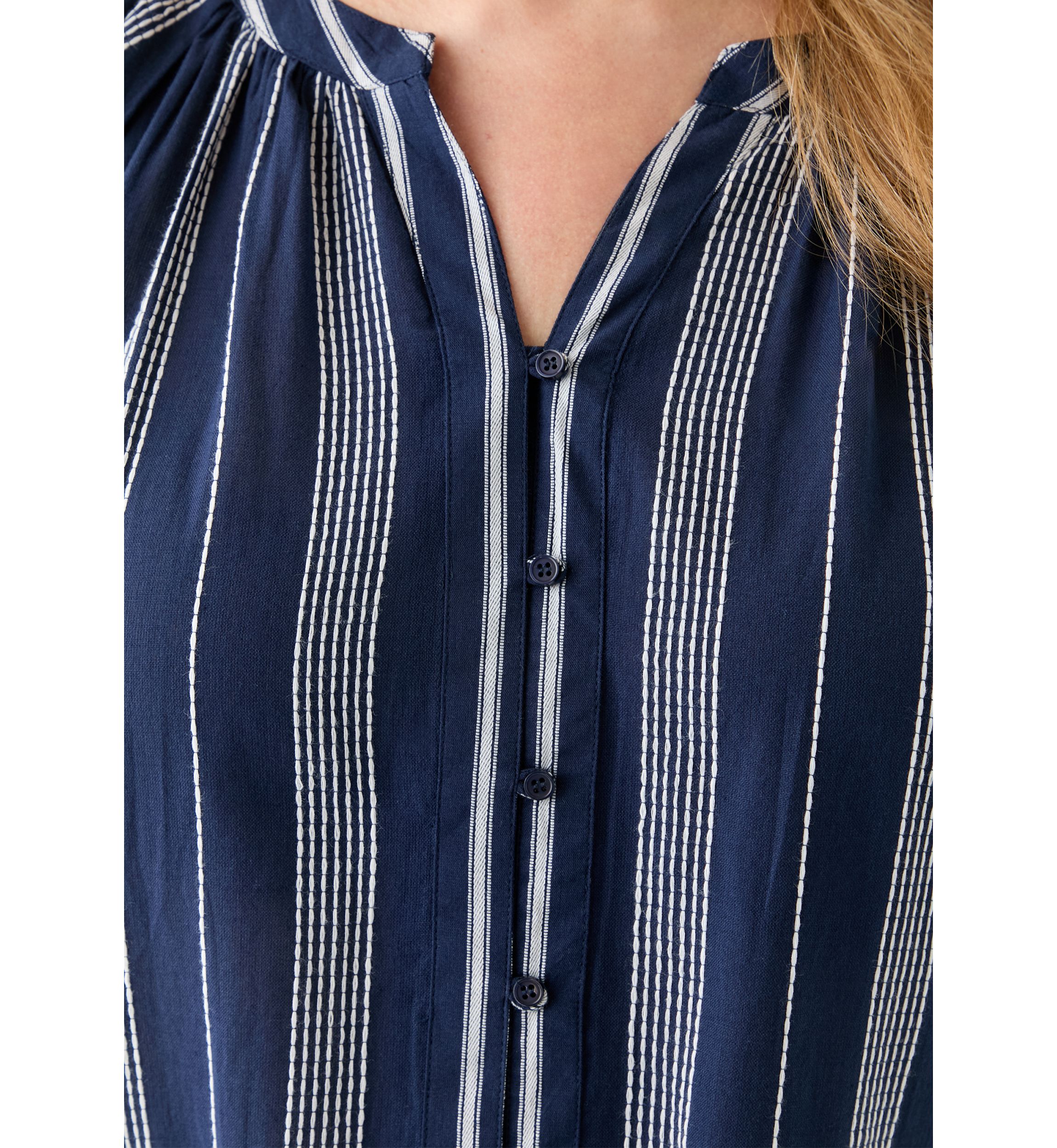 Plus Size Short Sleeve Embroidered Mixed Stripe Woven Blouse