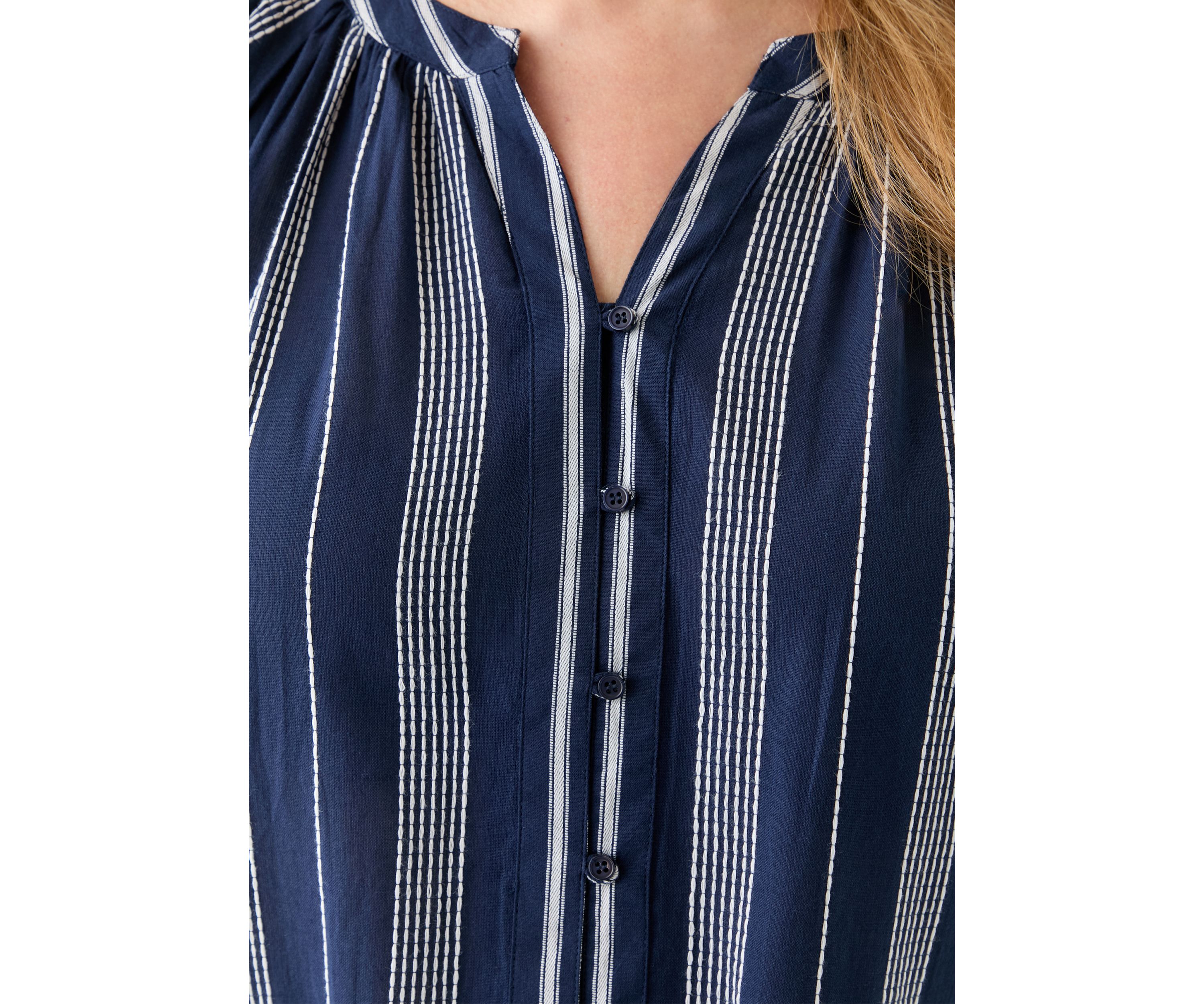 Plus Size Short Sleeve Embroidered Mixed Stripe Woven Blouse