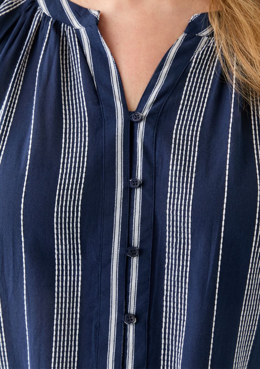 Plus Size Short Sleeve Embroidered Mixed Stripe Woven Blouse