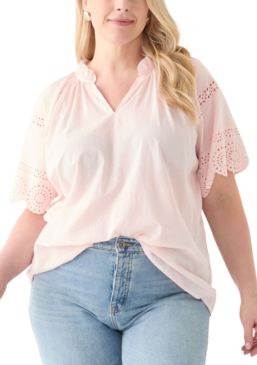 Plus Size Eyelet Flutter Sleeve Woven Blouse