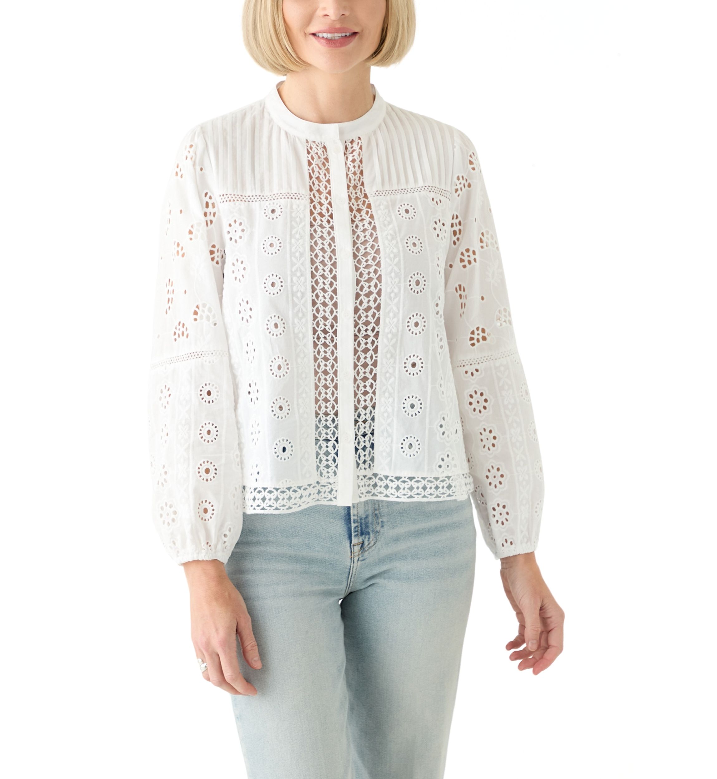 Womens Button Front Eyelet Lace Top