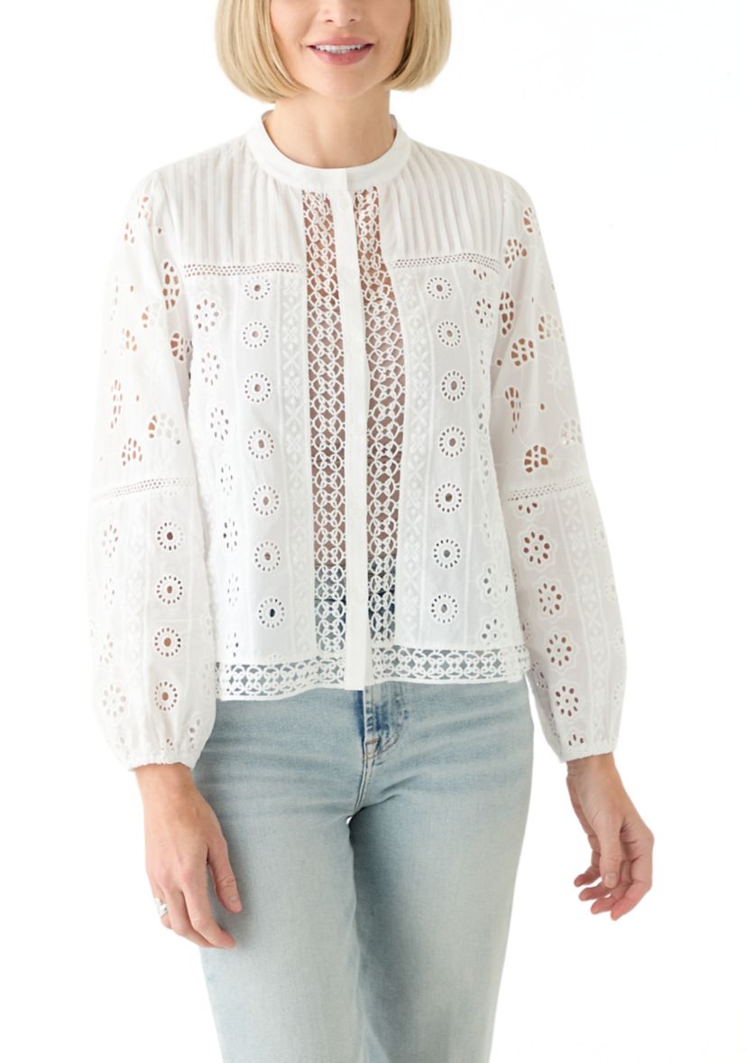 Womens Button Front Eyelet Lace Top