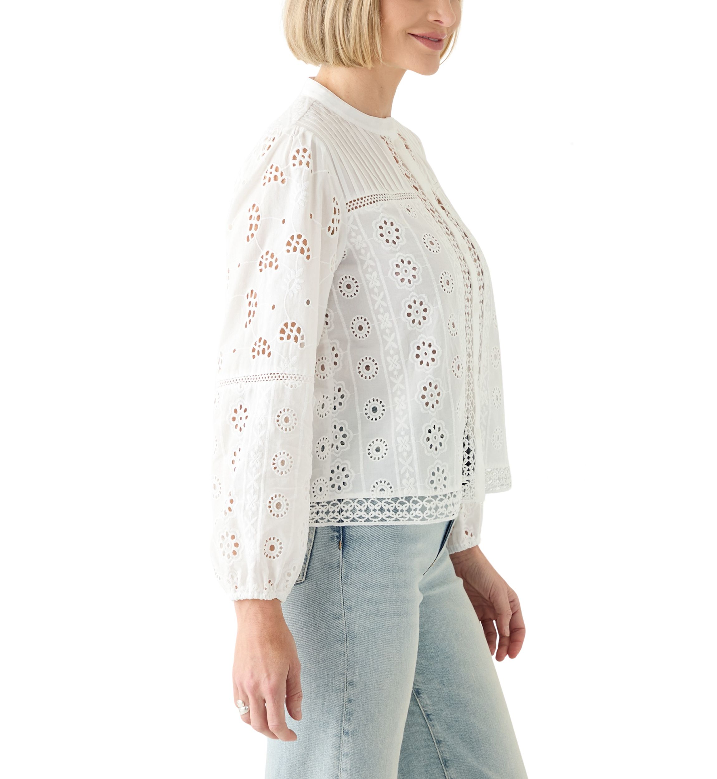 Womens Button Front Eyelet Lace Top