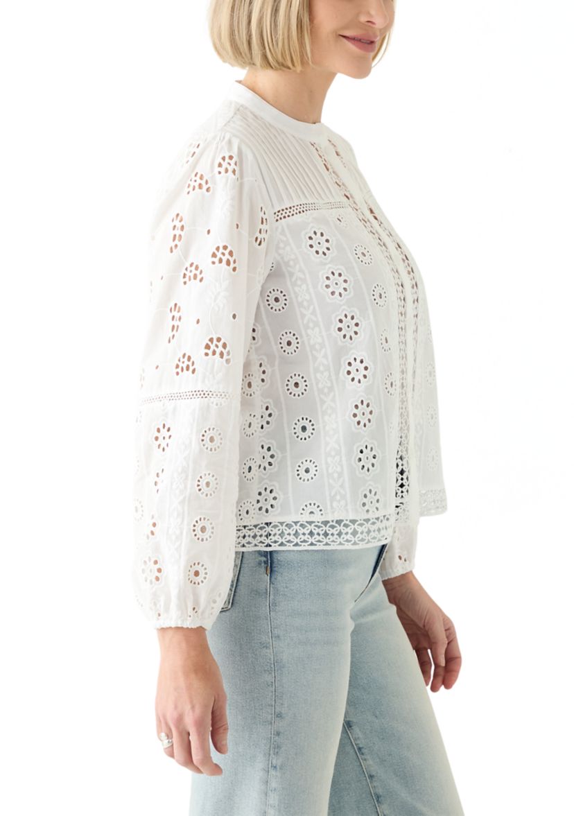 Womens Button Front Eyelet Lace Top