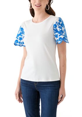 PHILOSOPHY BY REPUBLIC Women's Embroidered Sleeve Knit Top, Blue, XL