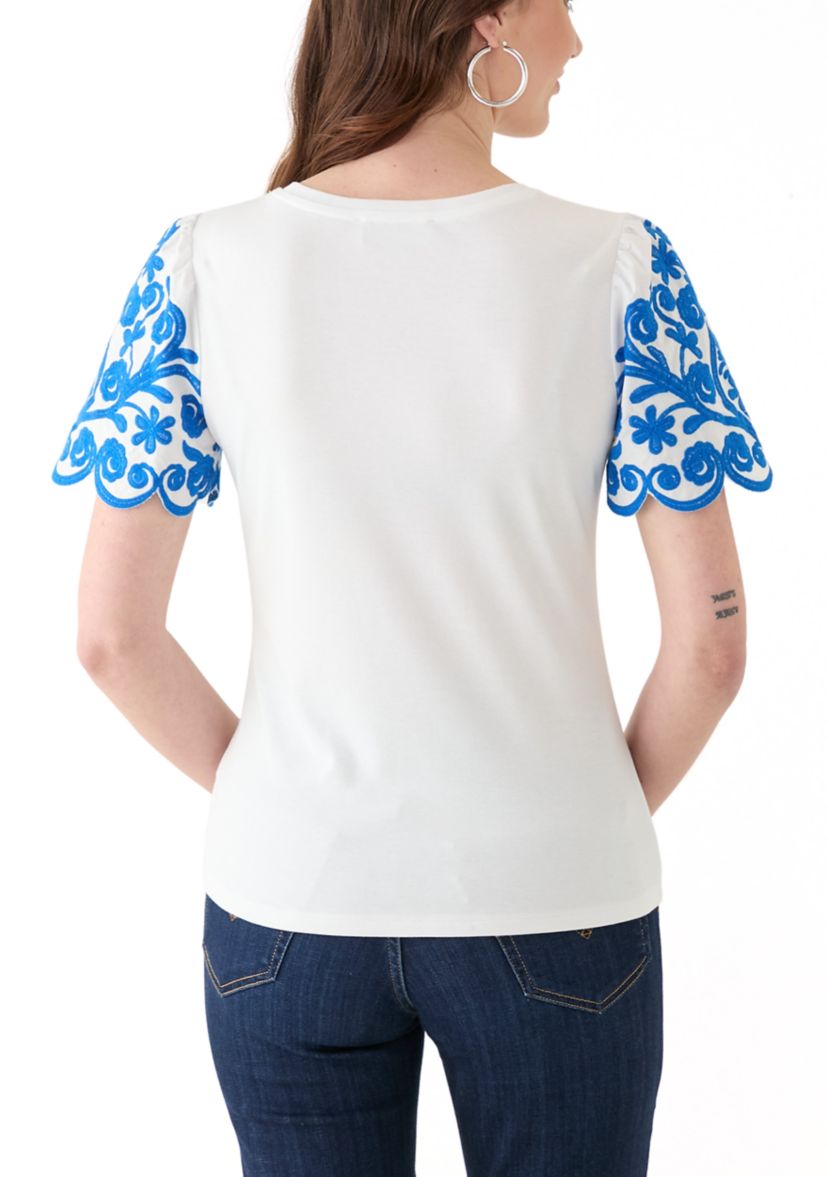 Womens Embroidered Sleeve Knit Top