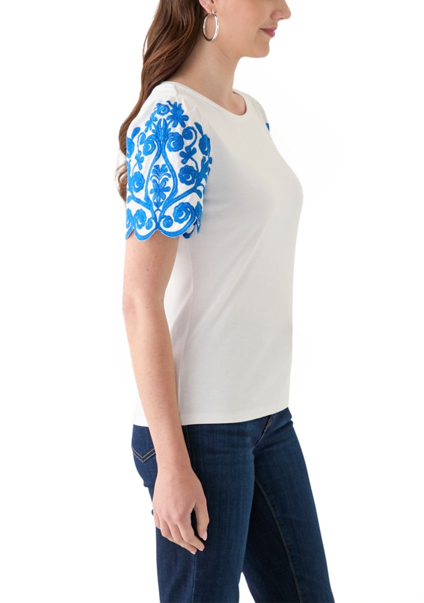 Womens Embroidered Sleeve Knit Top