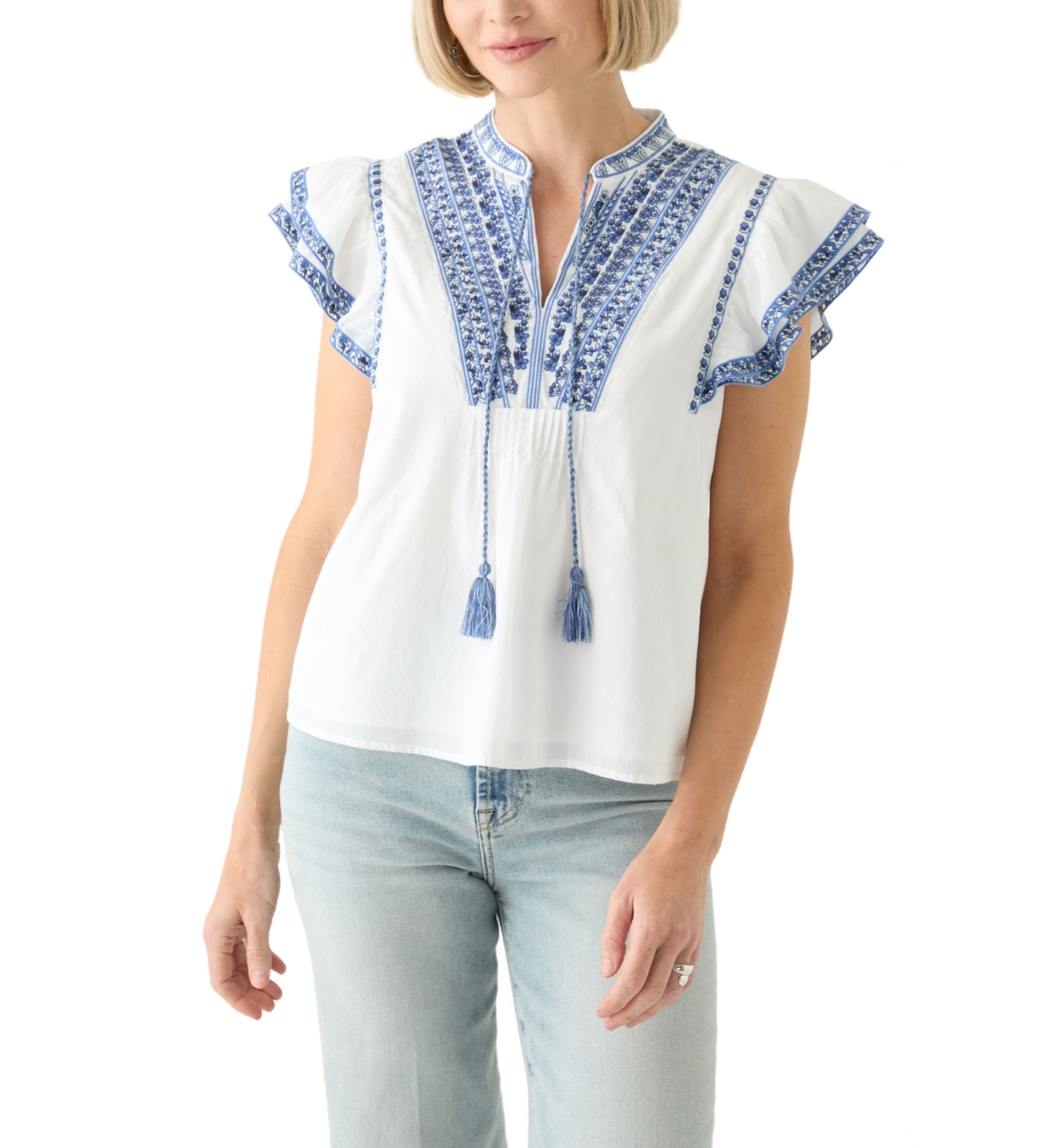 Womens Cotton Flutter Sleeve Embroidered Blouse