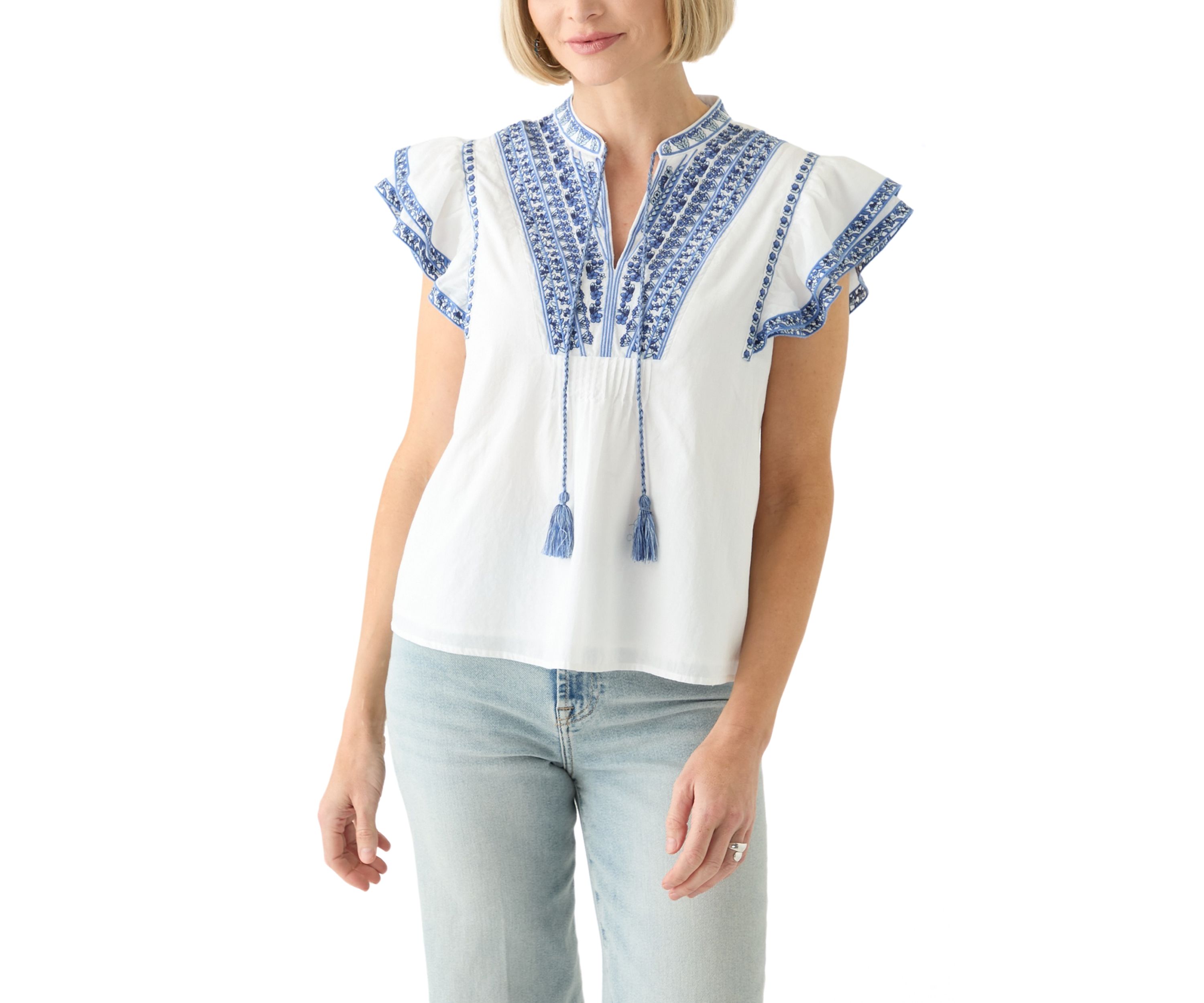 Womens Cotton Flutter Sleeve Embroidered Blouse