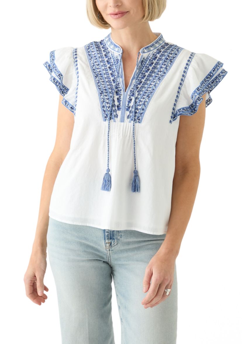 Womens Cotton Flutter Sleeve Embroidered Blouse