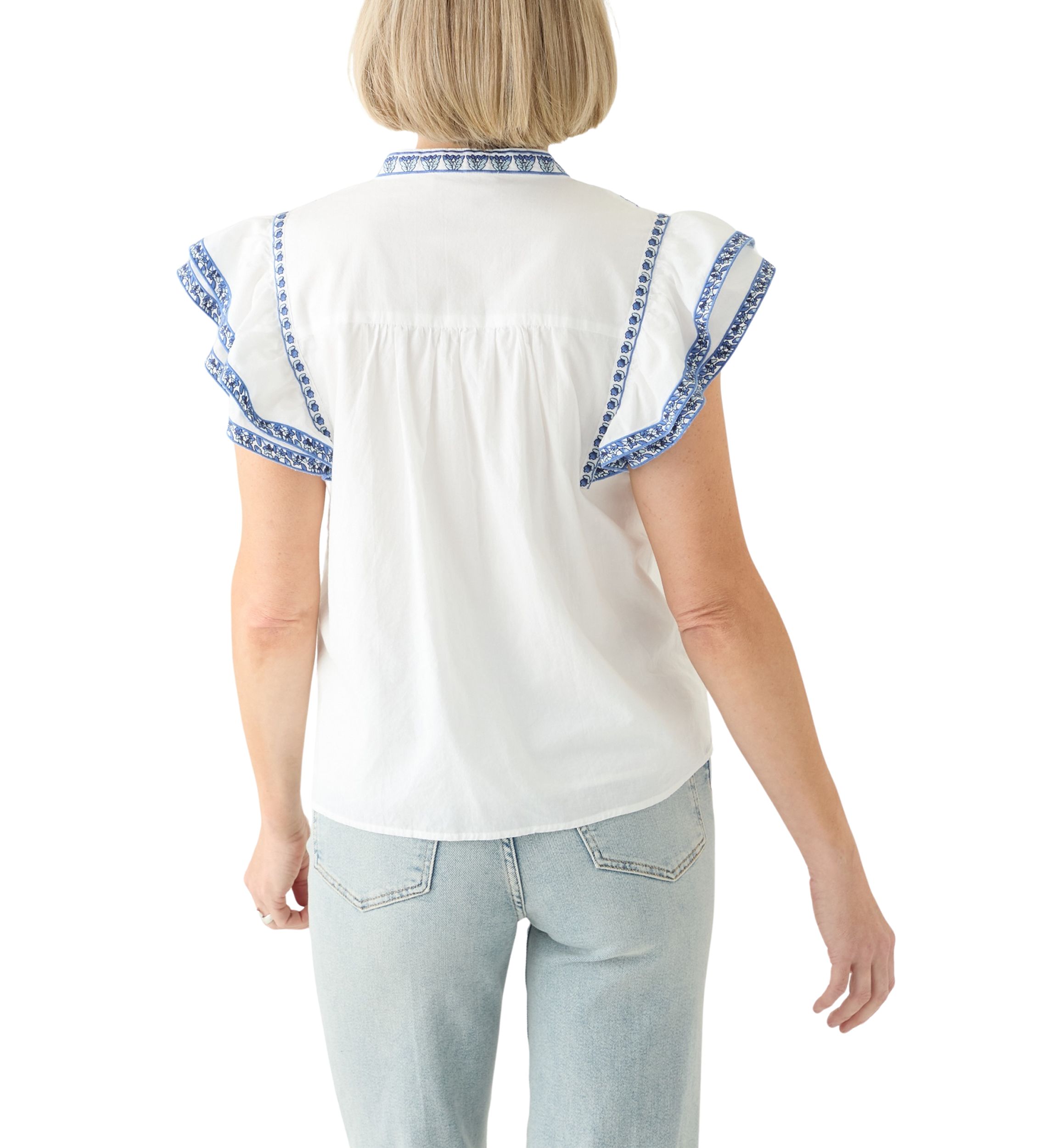 Womens Cotton Flutter Sleeve Embroidered Blouse