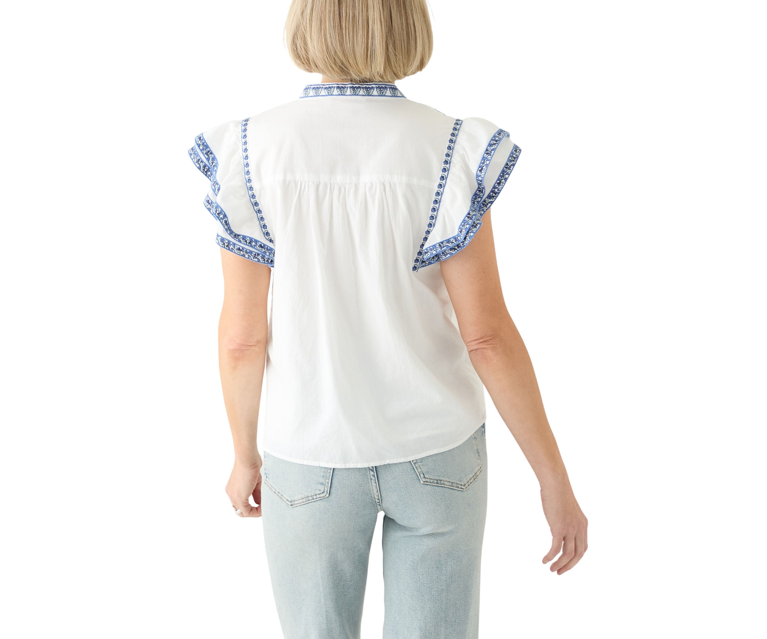 Womens Cotton Flutter Sleeve Embroidered Blouse