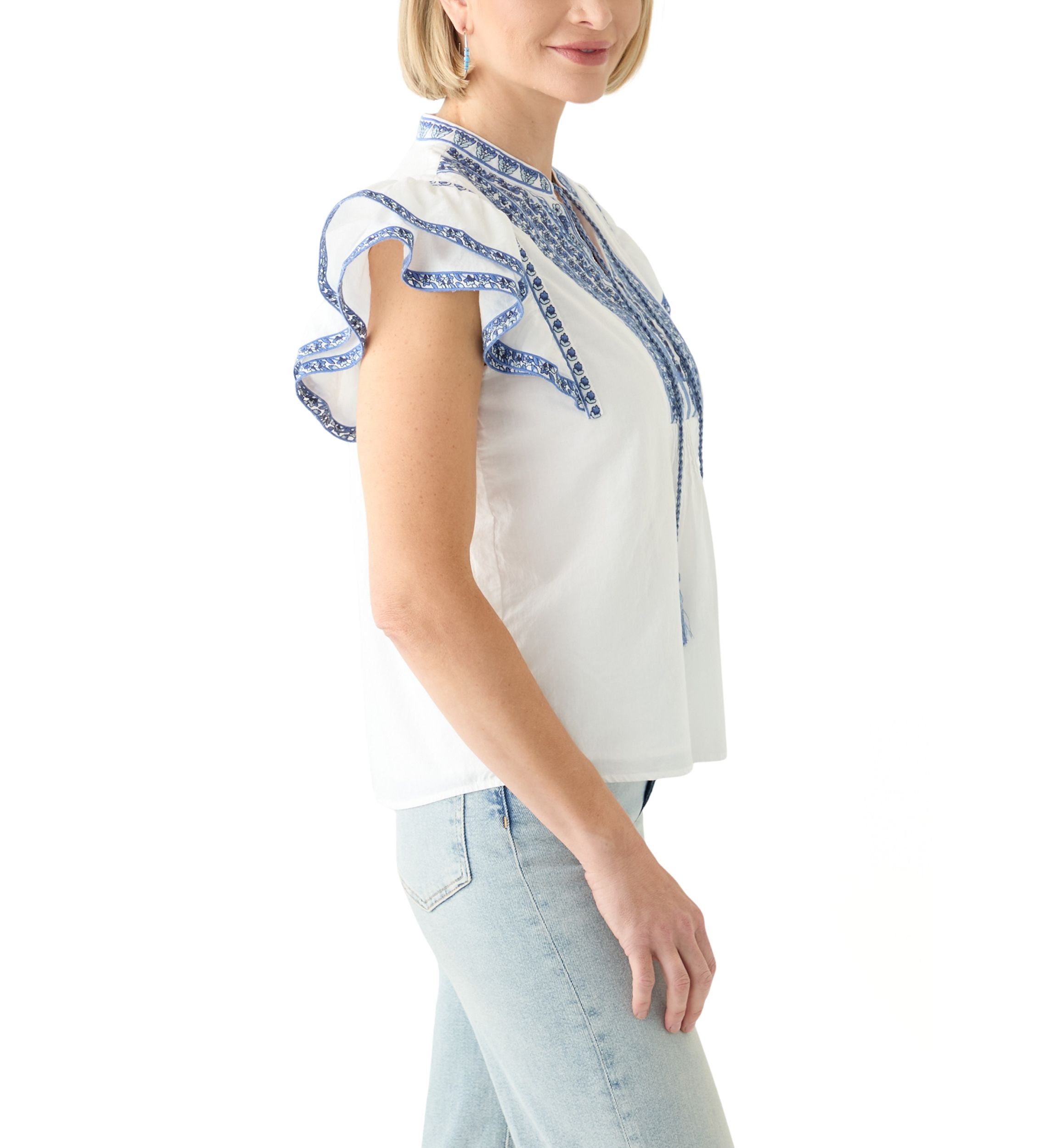 Womens Cotton Flutter Sleeve Embroidered Blouse