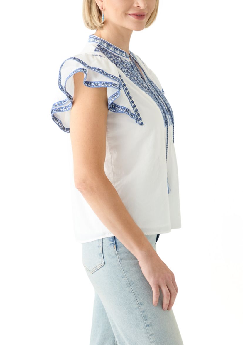 Womens Cotton Flutter Sleeve Embroidered Blouse
