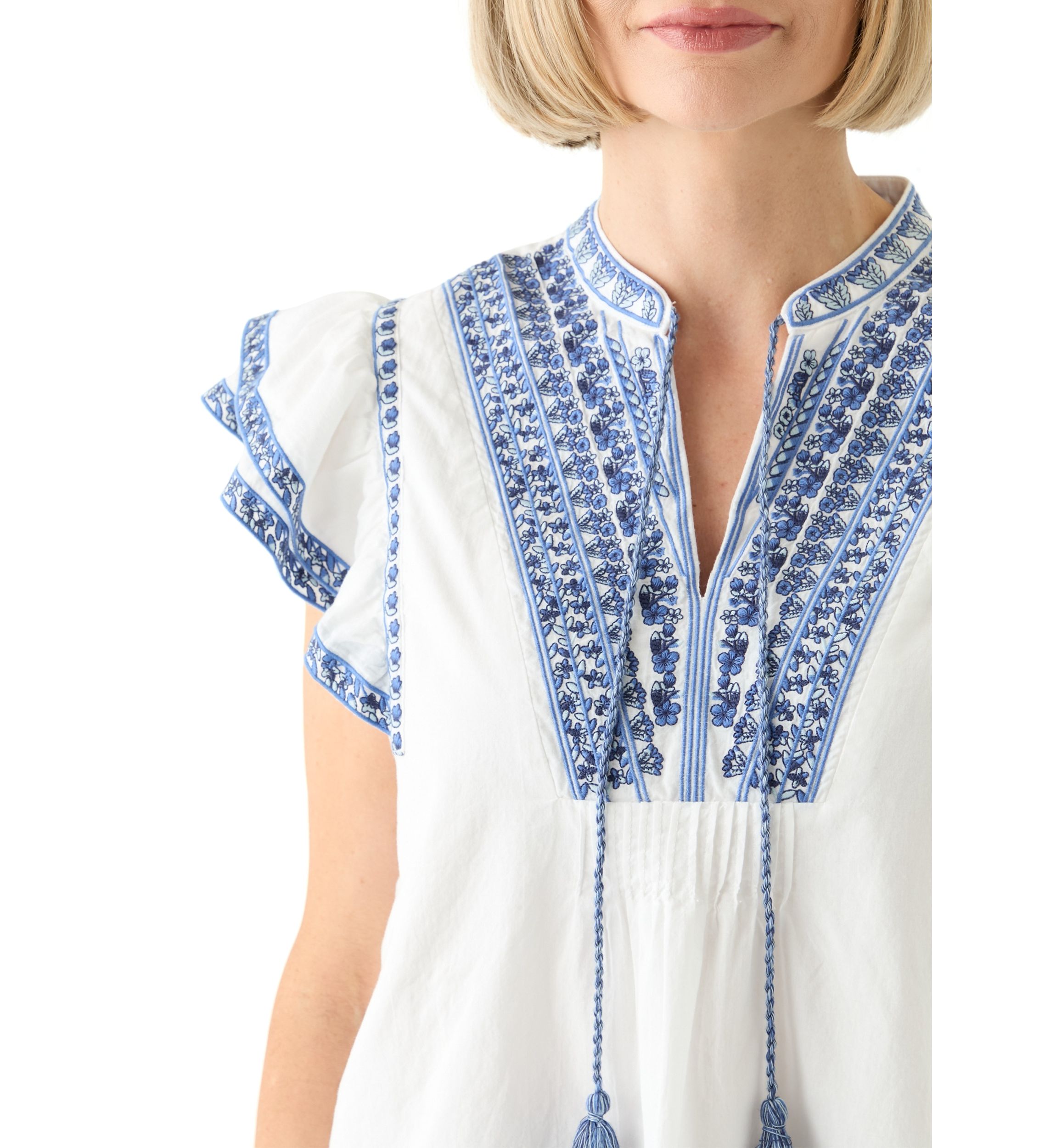 Womens Cotton Flutter Sleeve Embroidered Blouse