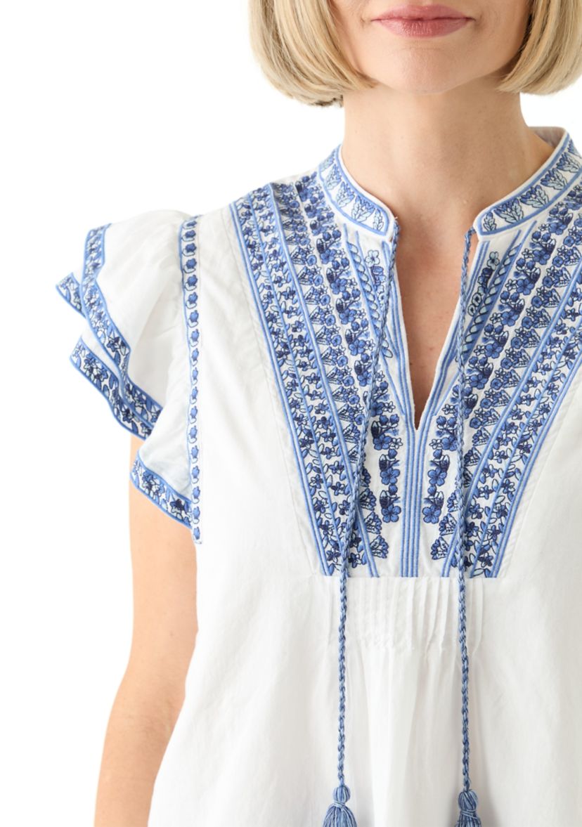 Womens Cotton Flutter Sleeve Embroidered Blouse