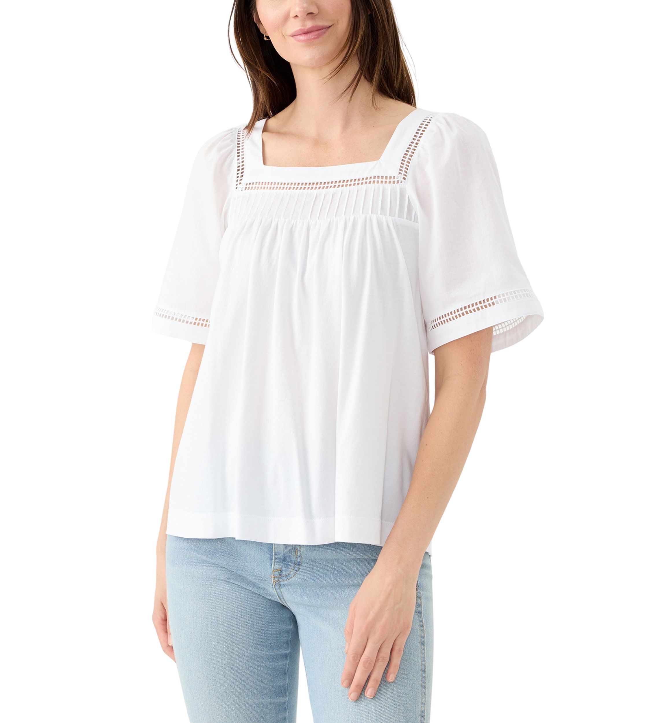 Womens Flare Sleeve Embroidered Square Neck Woven Top 